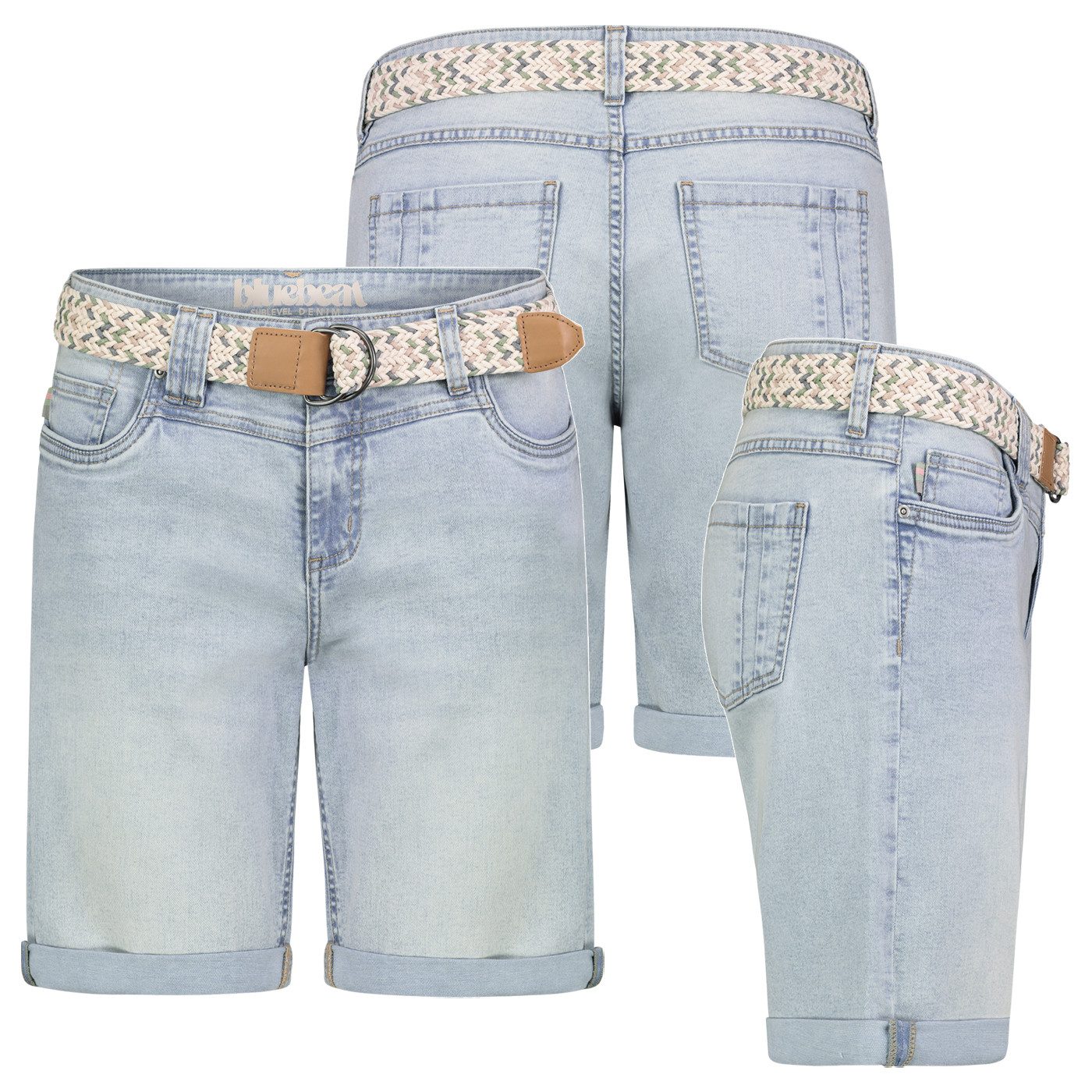 SUBLEVEL Bermudas Damen Jeans Shorts Bermuda Kurze Hose Short Denim Stretch Denim Gürtel