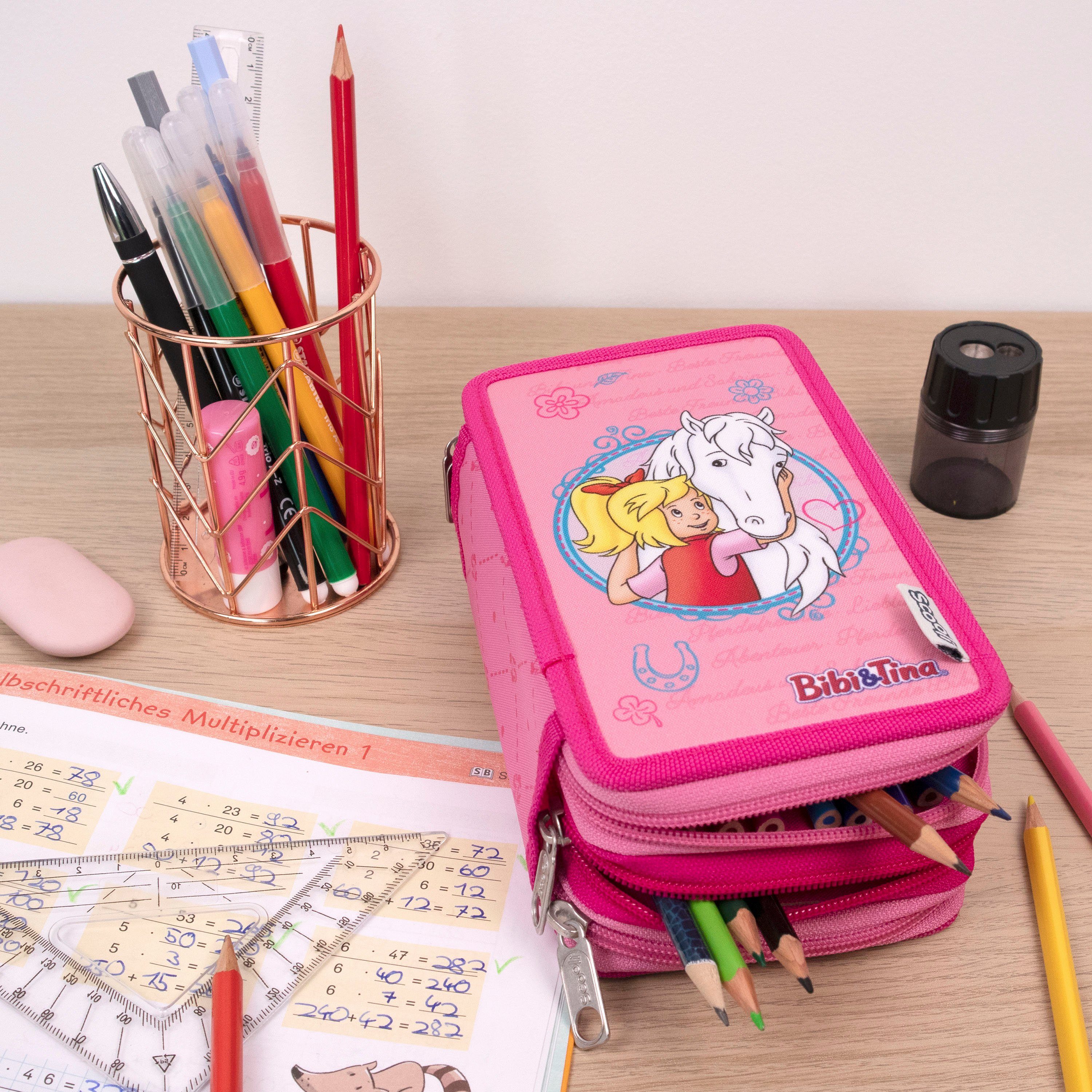 Scooli Federmäppchen Tripledecker, Bibi & Tina, befüllt, inklusive Geodreieck