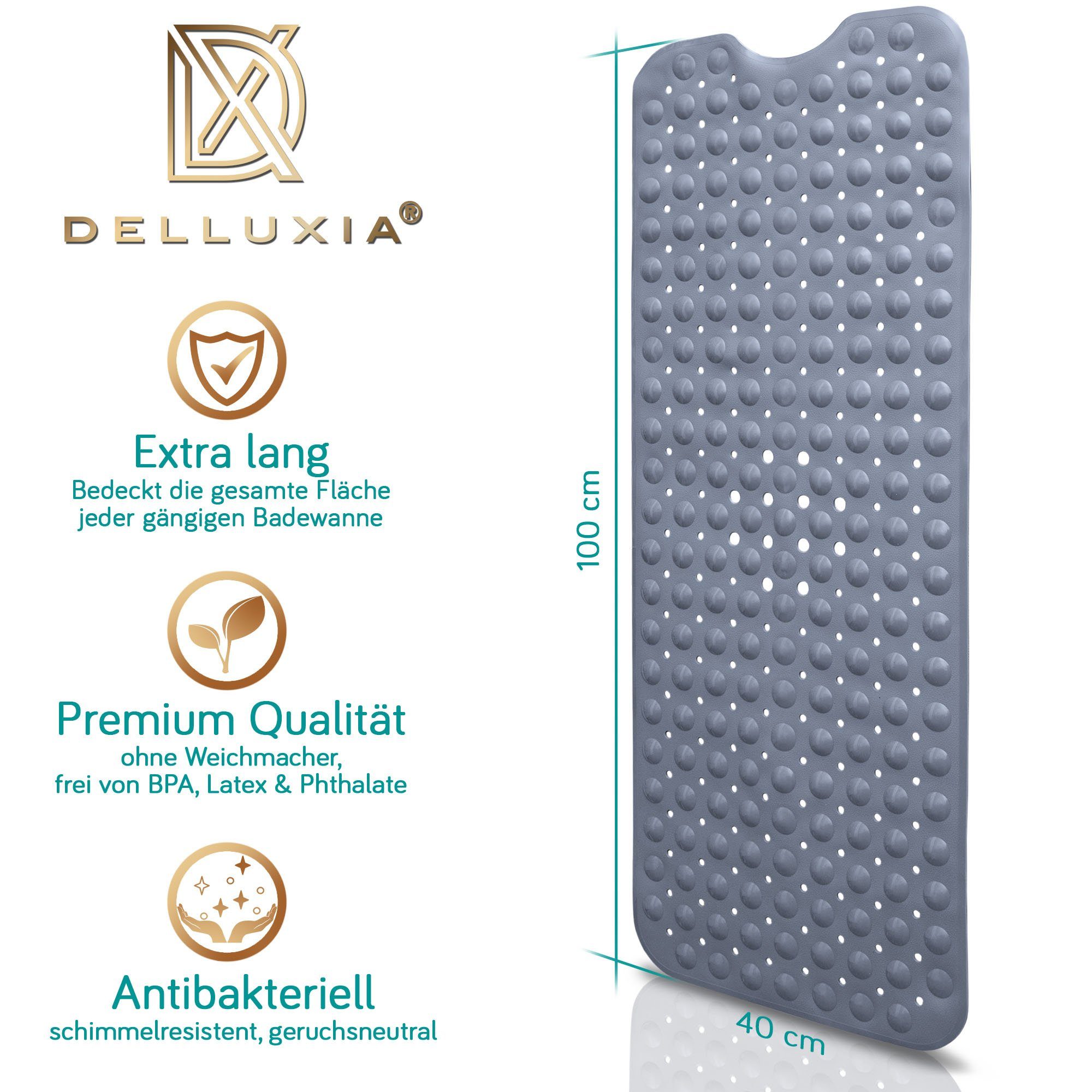 Delluxia Wanneneinlage Badewannenmatte rutschfest für Kinder & Erwachsene, B: 40 cm, L: 100 cm, inkl. Aufhängung, geruchsfrei, schimmelfrei, ohne Weichmacher