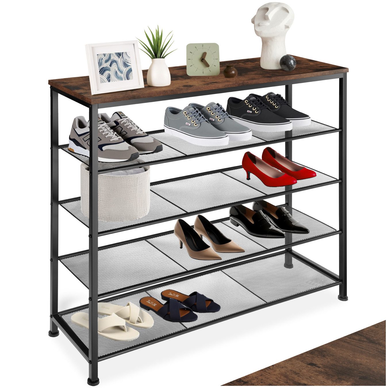 tectake Schuhregal Flurregal aus Holz und Stahl, 100 x 30,5 x 93 cm, Schuhablage mit Gitterablagen Sheffield 1-tlg., Ablage und 4 Gitterablagen, mit höhenverstellbaren Kunststofffüßen