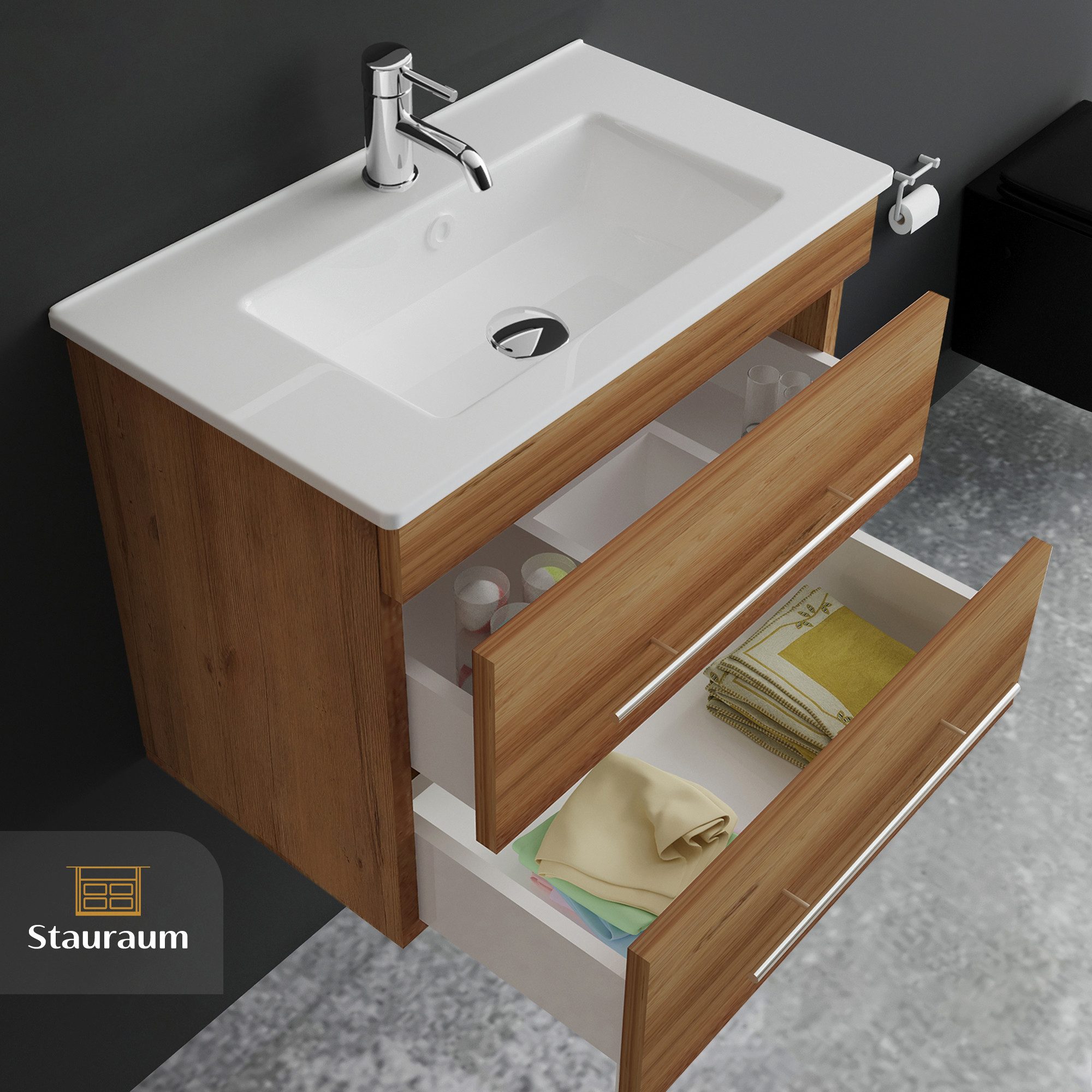 Alpenberger Badmöbel-Set Waschbecken mit Unterschrank - Waschbeckenunterschrank mit Schubladen, (Badezimmerschrank - Bamboo, Schrank Badschrank - 70 cm), Gäste  – Bild 4 von 5