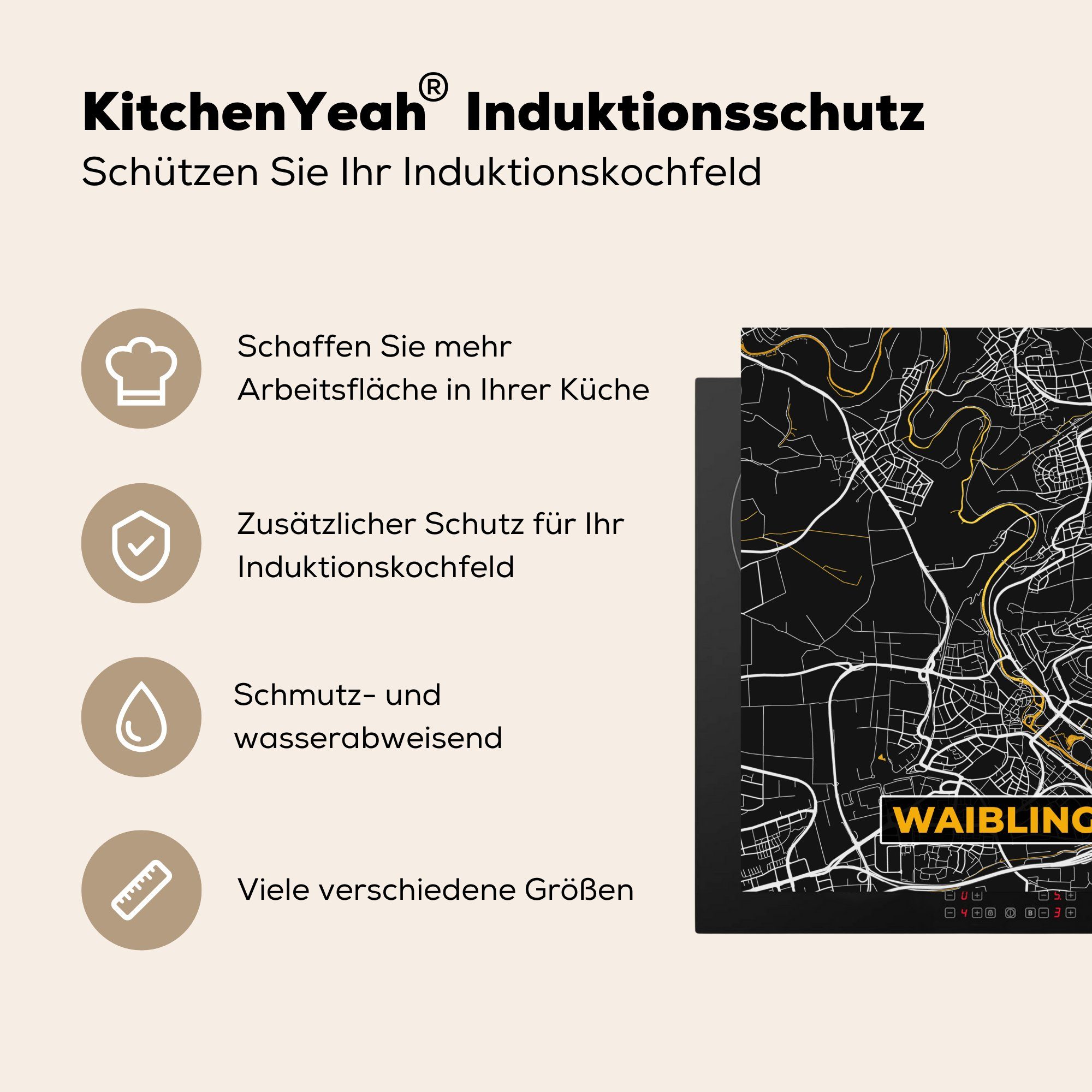 - Karte Waiblingen Stadtplan Arbeitsplatte 78x78 MuchoWow tlg), - für Ceranfeldabdeckung, cm, Vinyl, (1 Deutschland, - Gold Herdblende-/Abdeckplatte - küche