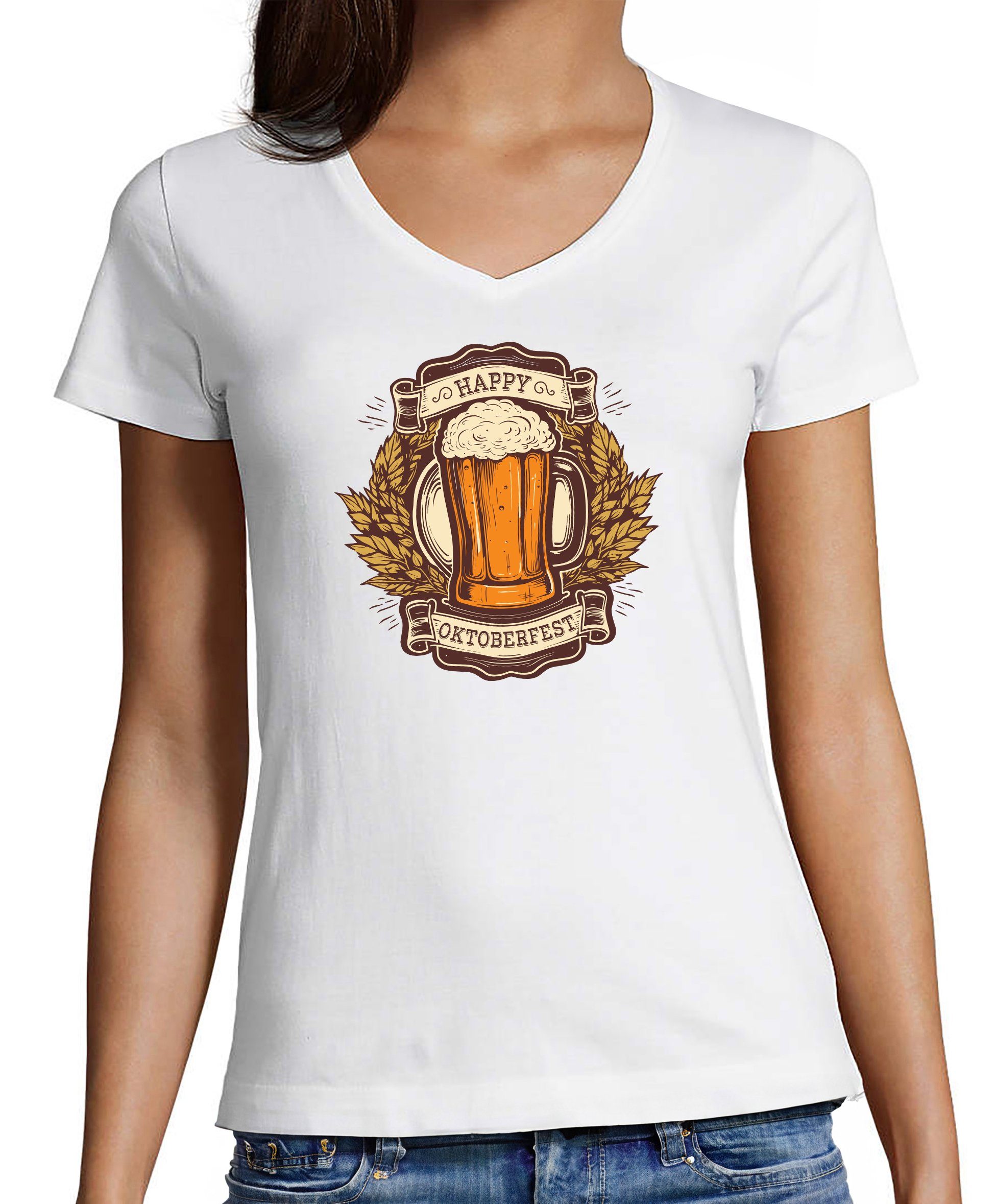 MyDesign24 T-Shirt Damen Oktoberfest T-Shirt - Happy Oktoberfest V-Ausschnitt Print Shirt Slim Fit, i315