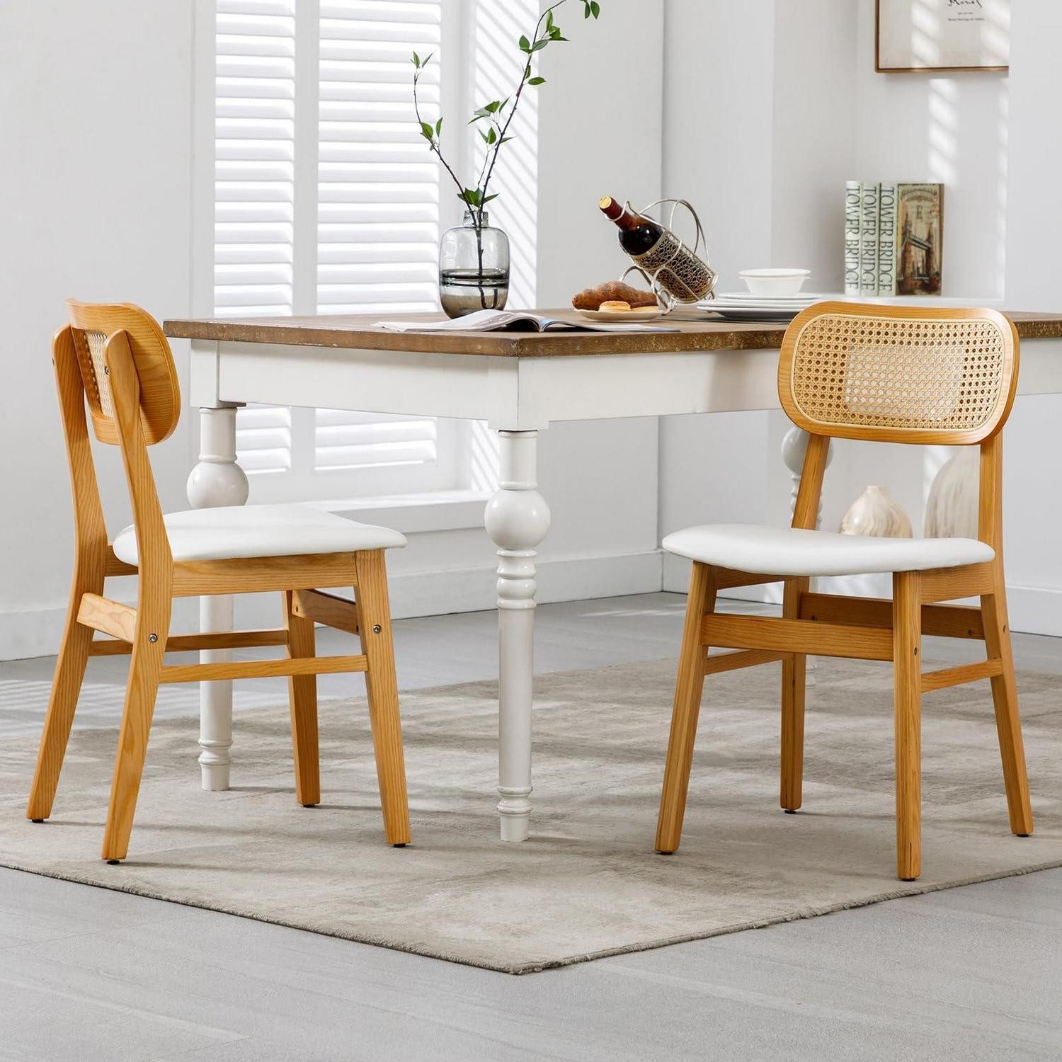 LuxusKollektion Esszimmerstuhl Esszimmerstühle 2er Set Holz PU Leder Rattan Rückenlehne Weiß-2