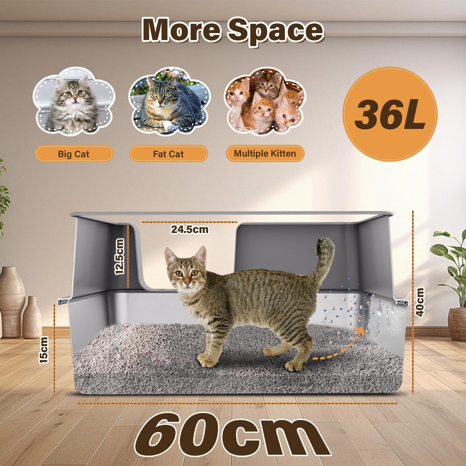 SURFOU Katzentoilette Katzenklo Edelstahl xxl, Halb-Offen Katzentoilette Hoher Rand mit Sieb, 60x40x31,5cm für Große Katzen, Geruchsfreie mit Anti-Rutsch-Matte