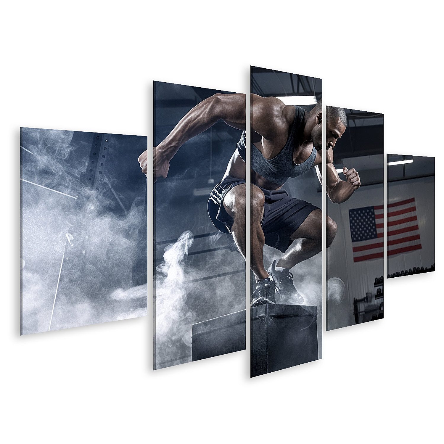 islandburner Leinwandbild, Sportler beim intensiven Training im Fitnessstudio mit Raucheffekten