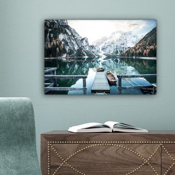 OneMillionCanvasses® Leinwandbild Natur - Berge - Schnee - Wald - Boot, Blau (1 St), Leinwand Bilder Klein, Wand Dekoration 30x20 cm