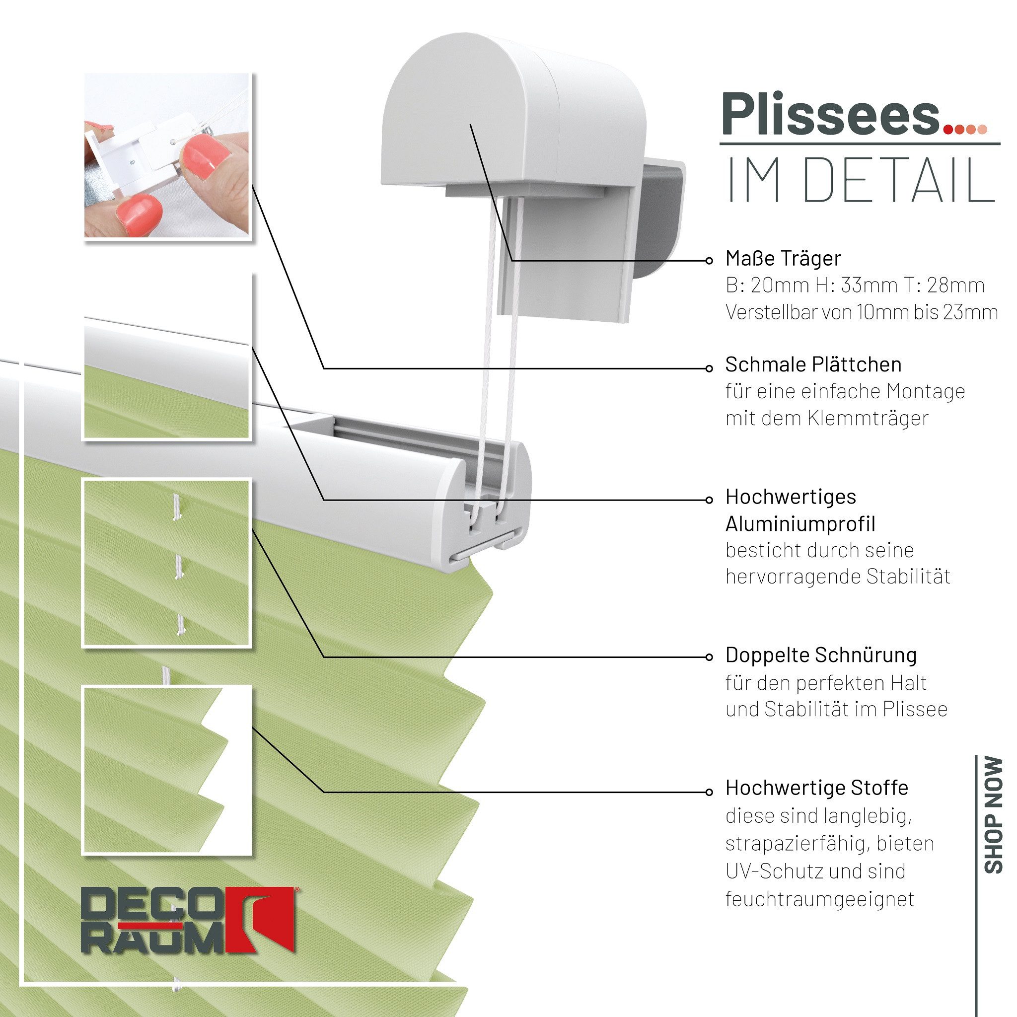 Deco-Raum Plissee Basic, blickdicht, Klemmträger, auf dem Fenster-/Türrahmen, Klemmfix, einfache Montage, in verschiedenen Farben und Größen ohne Bohren