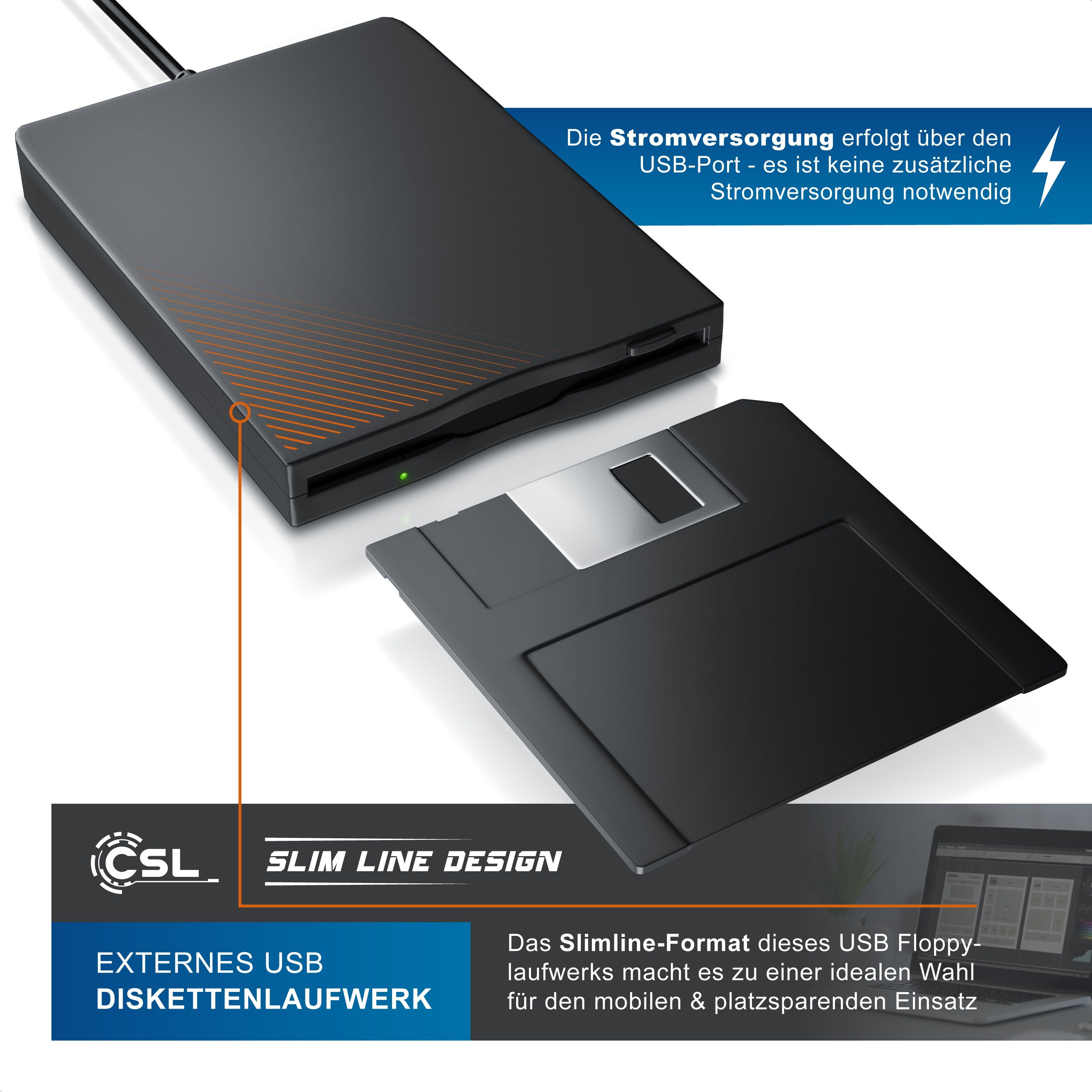 CSL Diskettenlaufwerk (USB 2.0, Externes USB Diskettenlaufwerk FDD 1,44MB  (3,5) geeignet für PC & MAC)