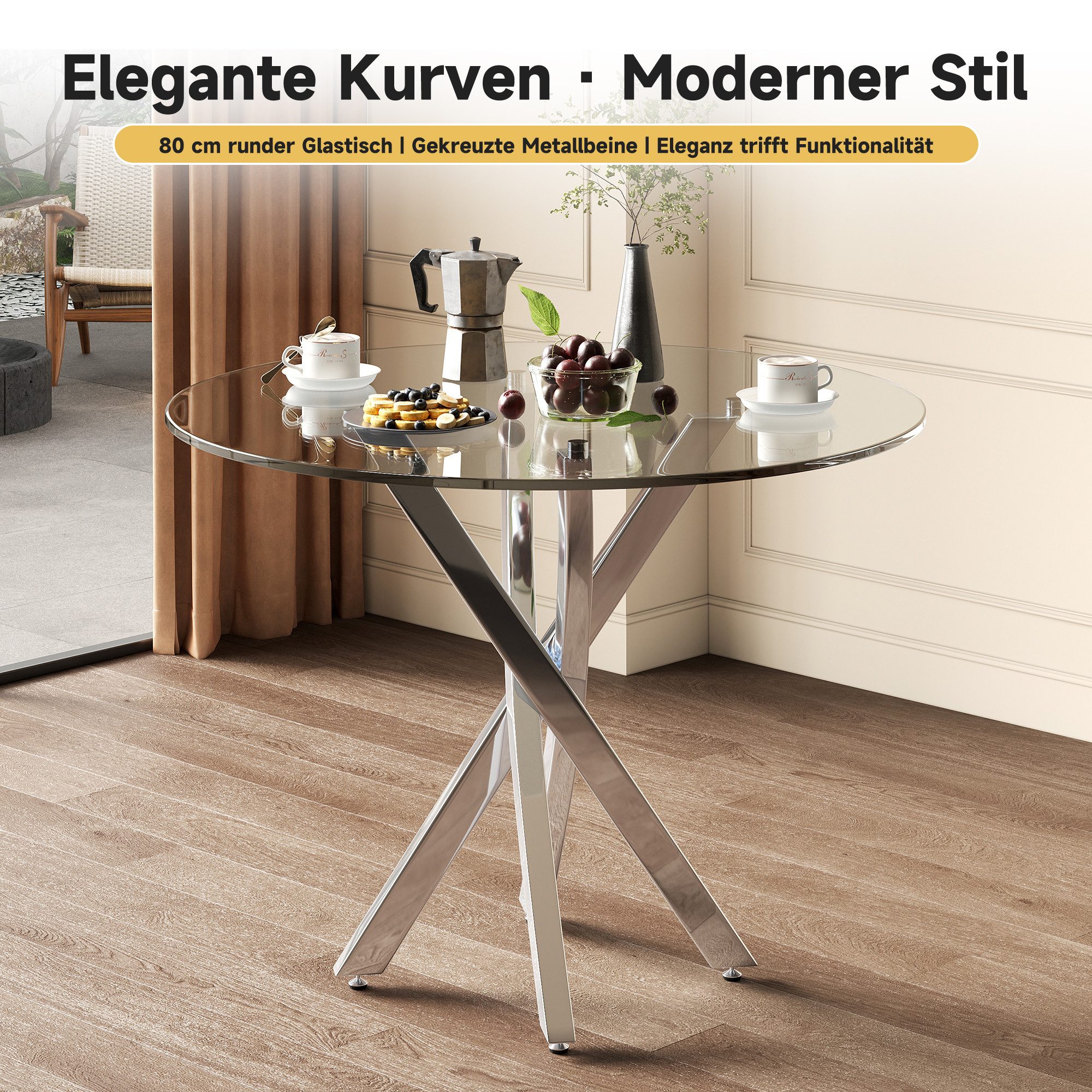 i@home Essgruppe Esstisch-Set(Esstisch und 2 Stühlen),Tischplatte aus gehärtetem Glas, (moderner 80*80*75cm Esstisch,verzinkte Tischbeine,Couchtisch, Esszimmerstühle,silberne Tischbeine), Hochtransparente Glastischplatte, Galvanisierte Metallbeine