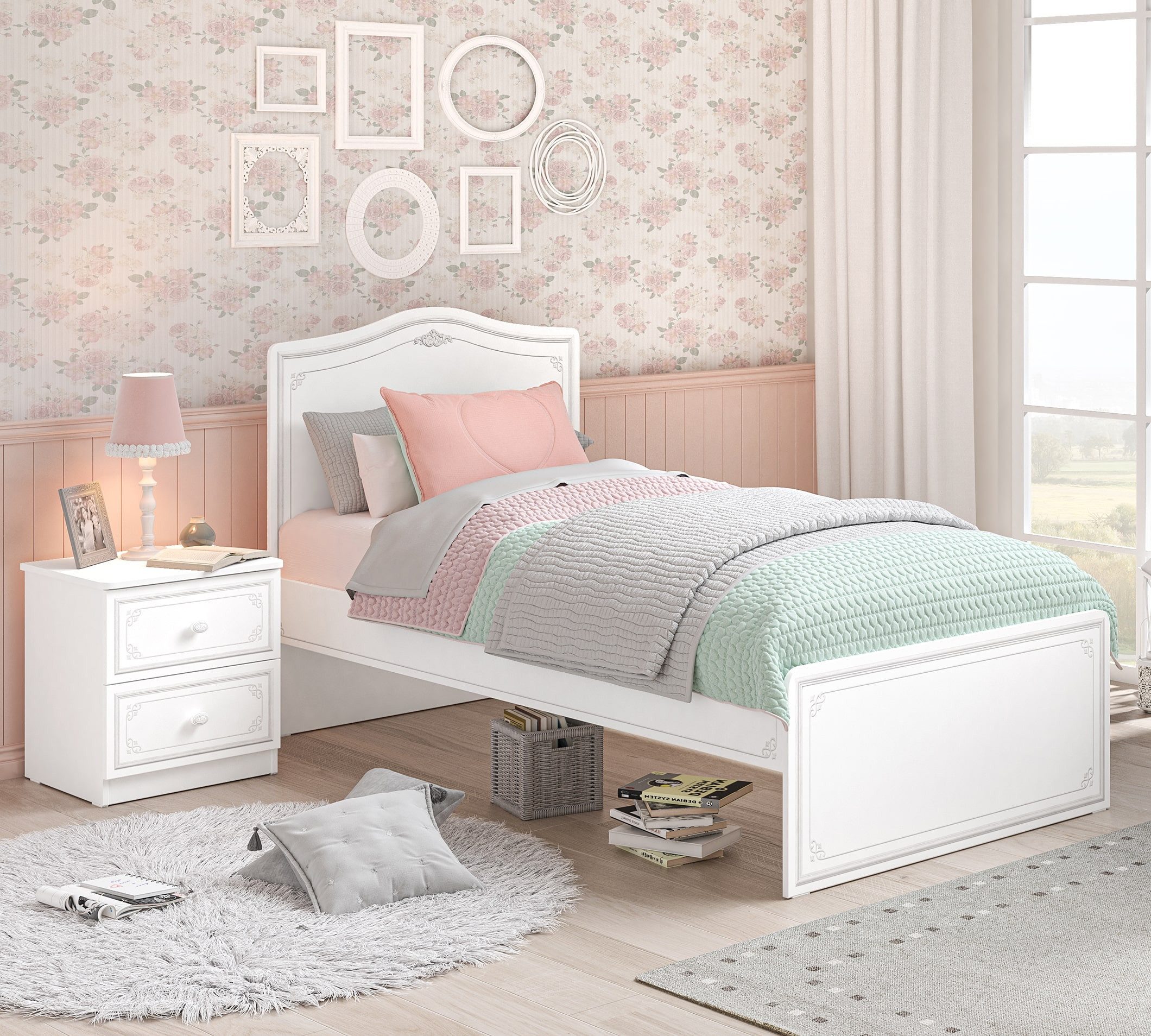 Möbel-Zeit Jugendzimmer-Set Selena Grey Kinderzimmer-Set, 5-tlg. – Weiß mit grauen Ornamenten