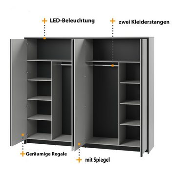 Compleo Kleiderschrank MIYA viertürig, mit zwei Spiegel, Modern Schlafzimmer Breite 250 cm, Geräumige Regale, Grau/schwarz