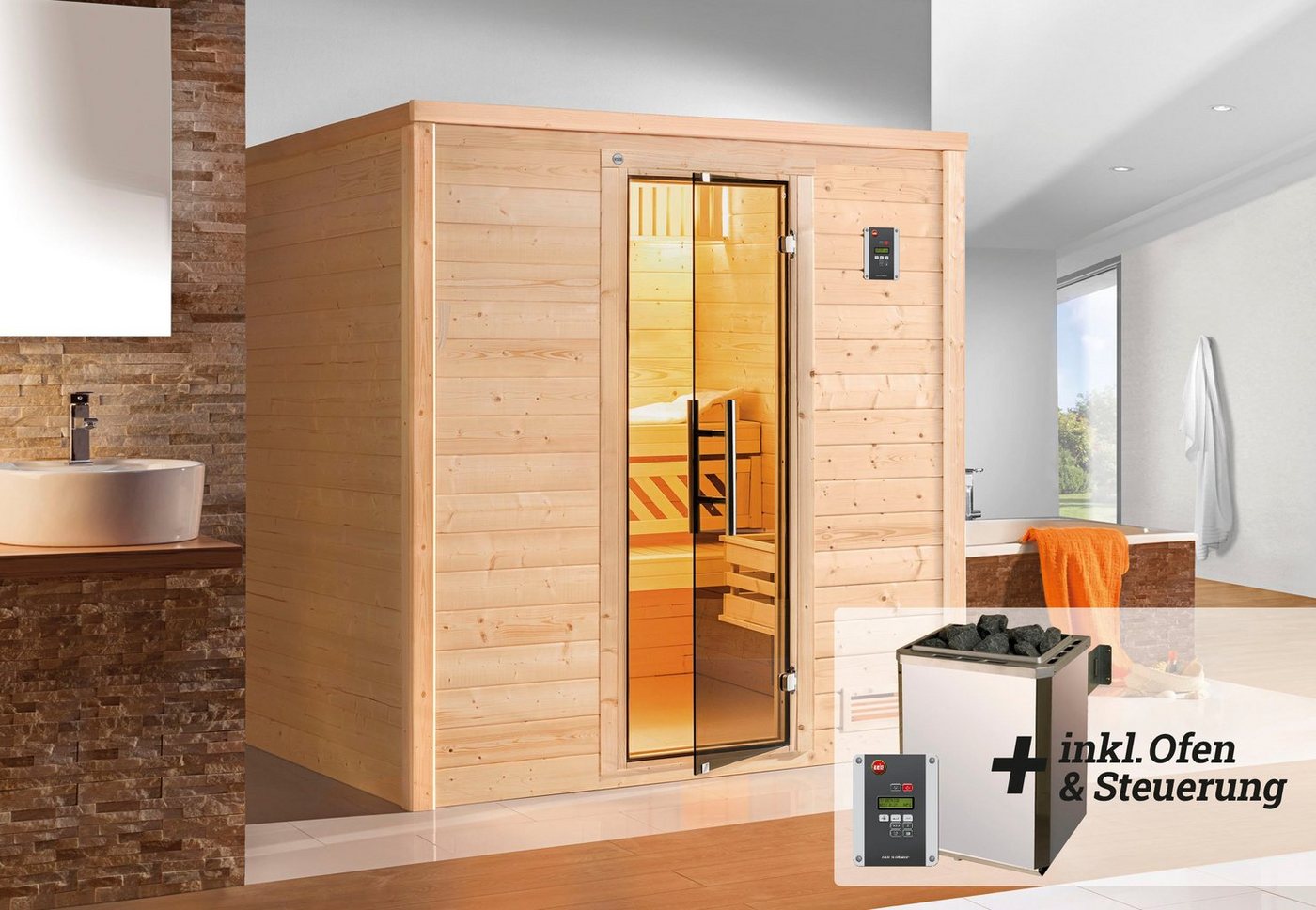 Thumbnail - weka Sauna Bergen, BxTxH: 195,5 x 145 x 205 cm, 45 mm, (Set) 7,5 kW-Ofen mit digitaler Steuerung