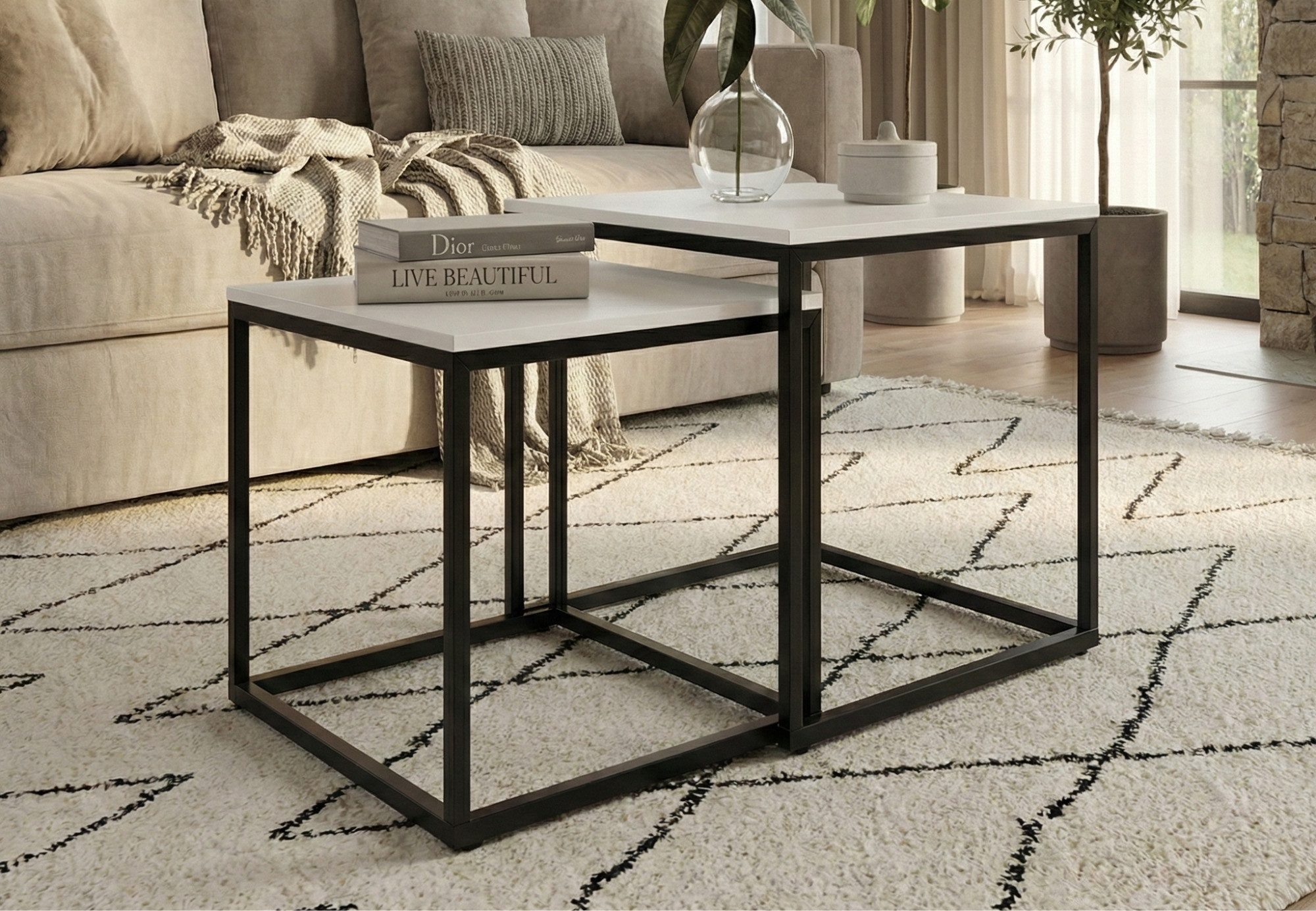 Home Collective Couchtisch Kleiner 2er Set aus Holz, Wohnzimmertisch Modern (Beistelltisch Set 2 in 1 mit Metallgestell, Büro Beistelltisch Loft Design TWIN, kratzfeste Oberfläche, Set 2 in 1), Quadratisch in Weiß, für Wohnzimmer