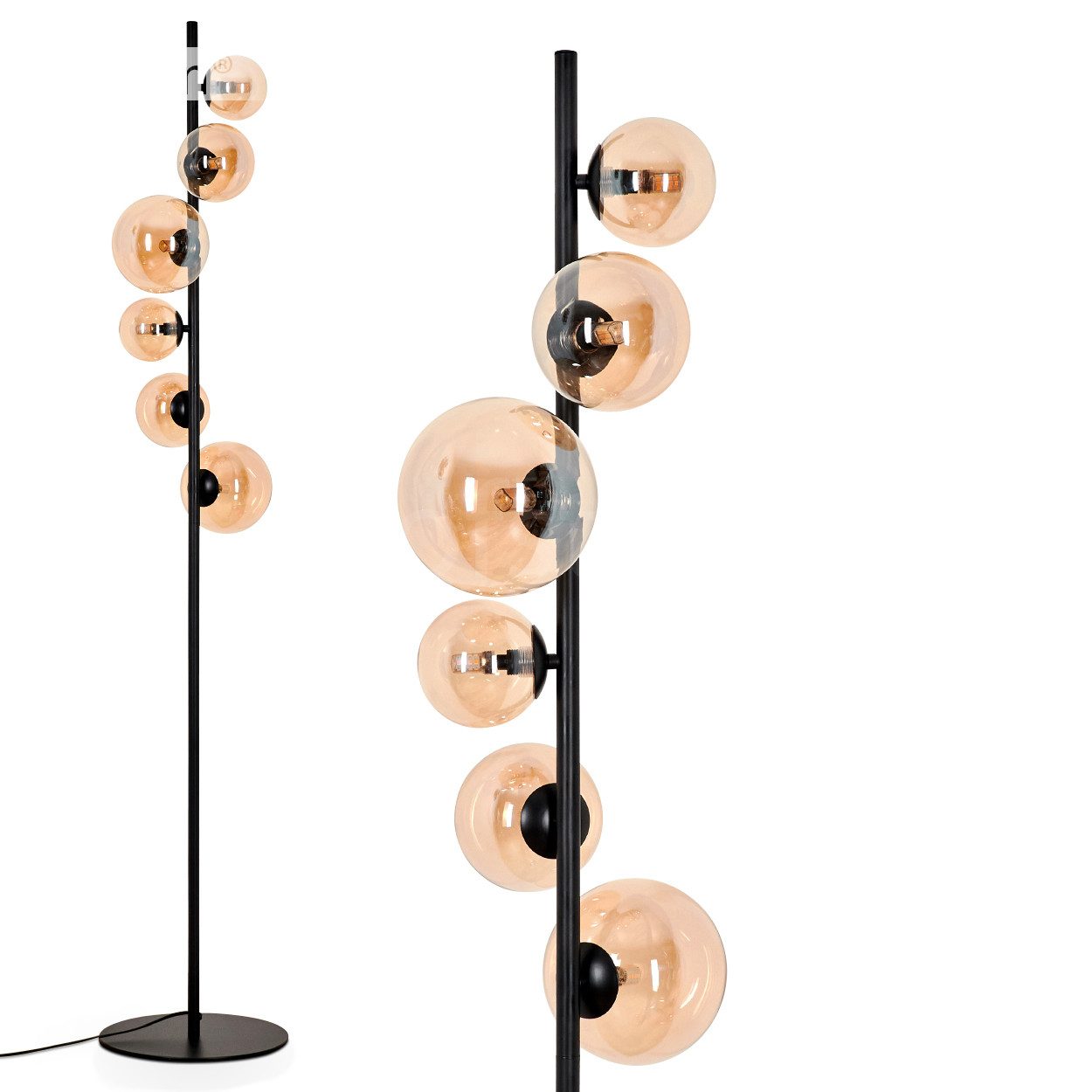 hofstein Stehlampe Stehlampe aus Metall/Glas in Schwarz/Bernstein, ohne Leuchtmittel, Glasschirme (10, 12, 15 cm), Fußschalter, 6x G9, ohne Leuchtmittel