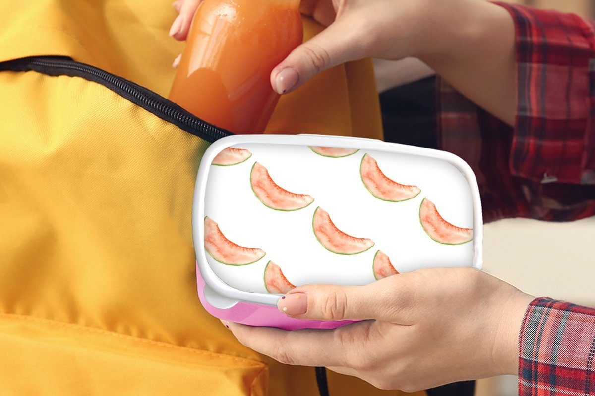 Brotdose Brotbox - Erwachsene, für Snackbox, Kinder, - Mädchen, Lunchbox Melone Kunststoff, MuchoWow Kunststoff Obst (2-tlg), rosa Aquarell,