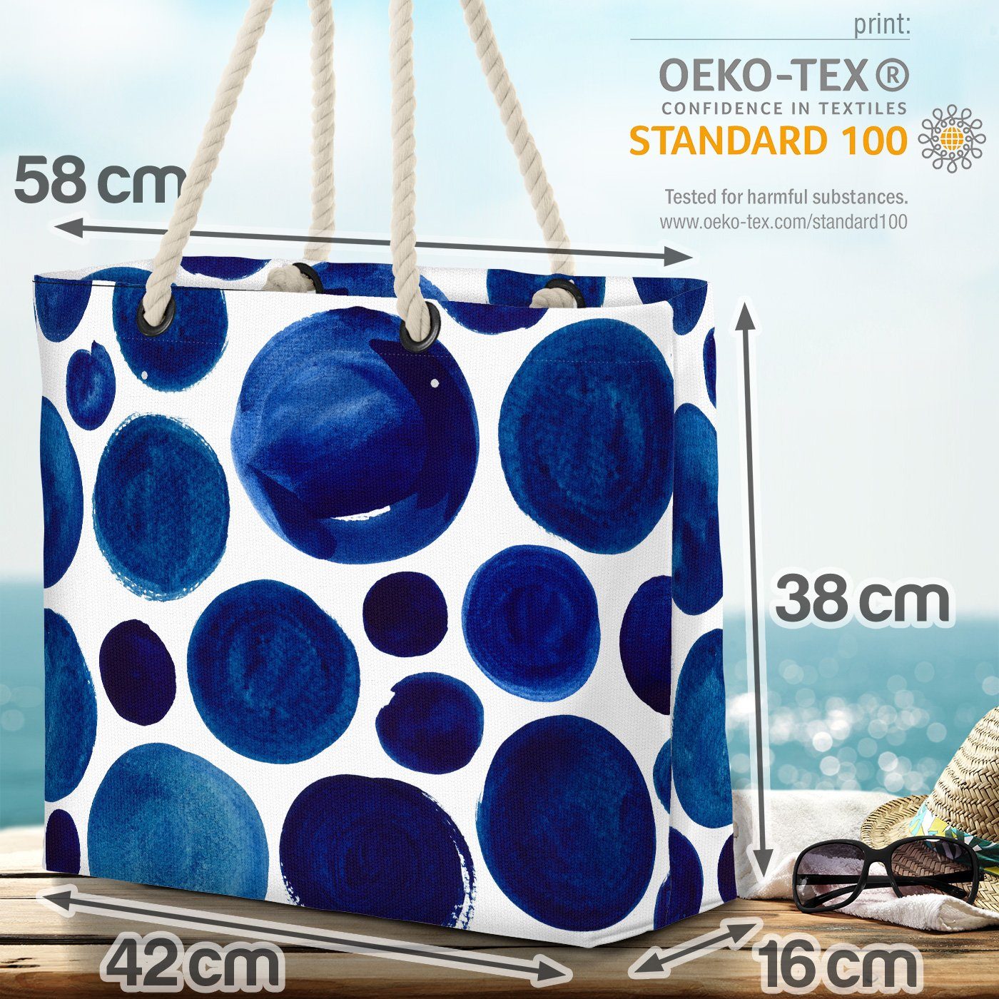 Punkte gemustert VOID Blau Dots Weiss Blaue Bag Beach (1-tlg), Malerei Wasserfarben Muster Strandtasche