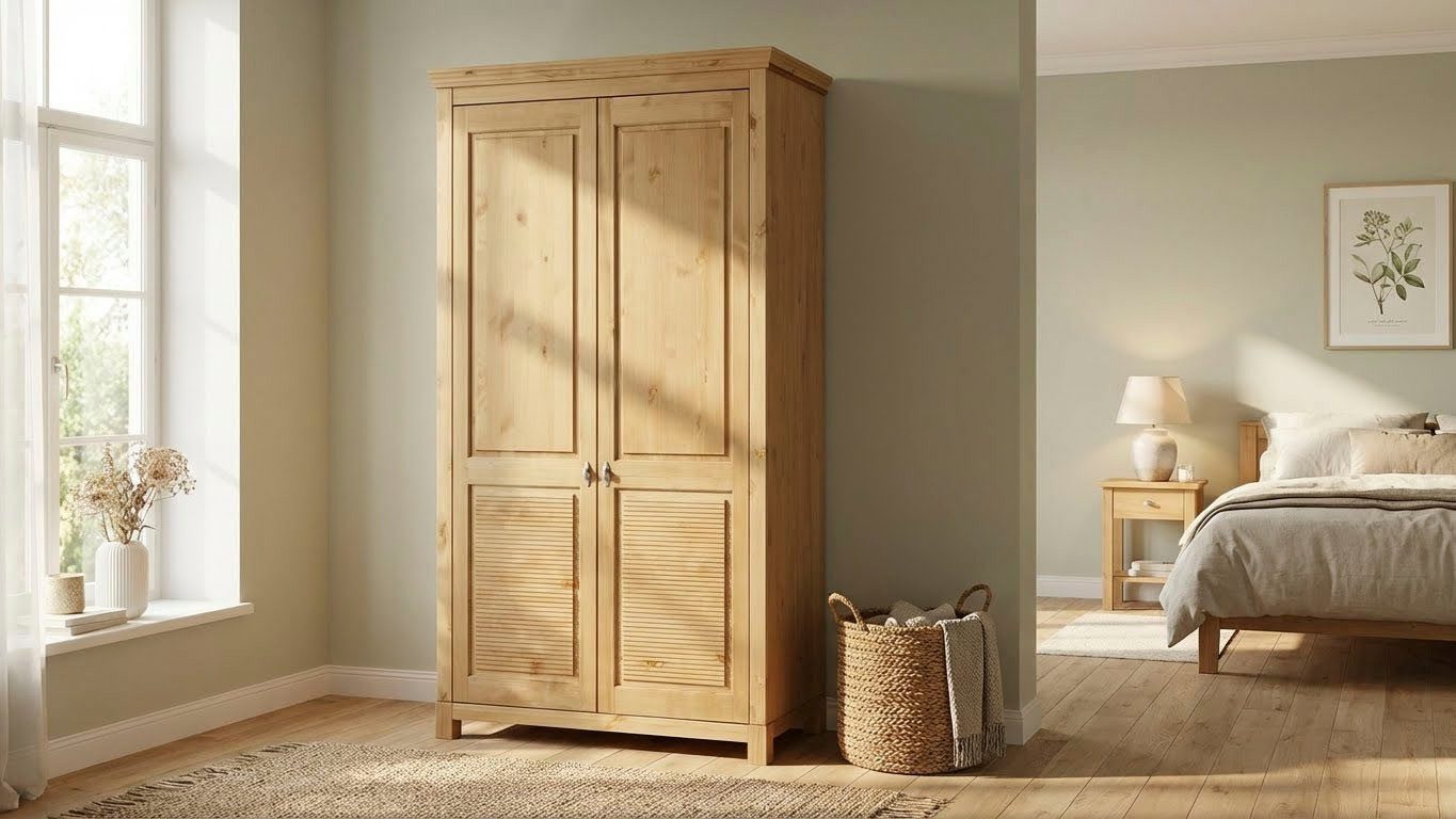 OTTO home Kleiderschrank Rauna, mit Lamellen und Kassetten, klassischer Landhausstil, rustikal (2 Breiten: 113/159 cm H/T ca. 195/60 cm) massive Kiefer, Metallgriffe, mehrere Varianten, zeitloses Design