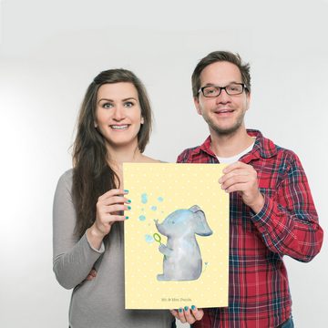 Mr. & Mrs. Panda Poster DIN A3 Elefant Seifenblasen - Gelb Pastell - Geschenk, Handgemaltes P, Elefant Seifenblasen (1 St), Herzerwärmendes Motiv