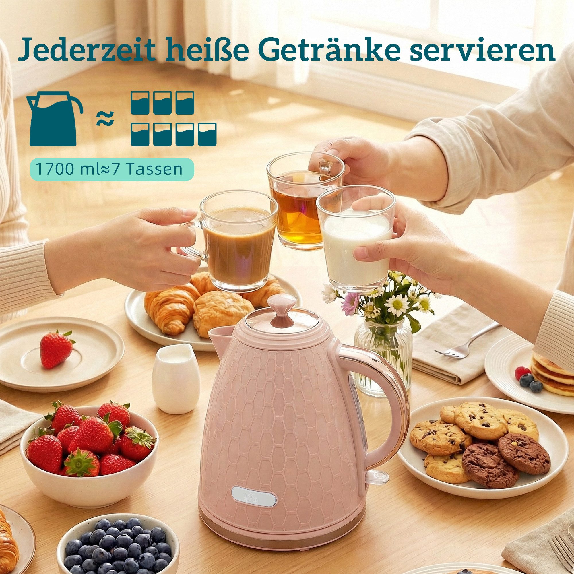 HOMCOM Frühstücks-Set Wasserkocher mit automatischer Abschaltung, 2-Scheiben-Toaster (2-tlg), Set in Rosa, Schnellkochfunktion – Bild 4 von 5