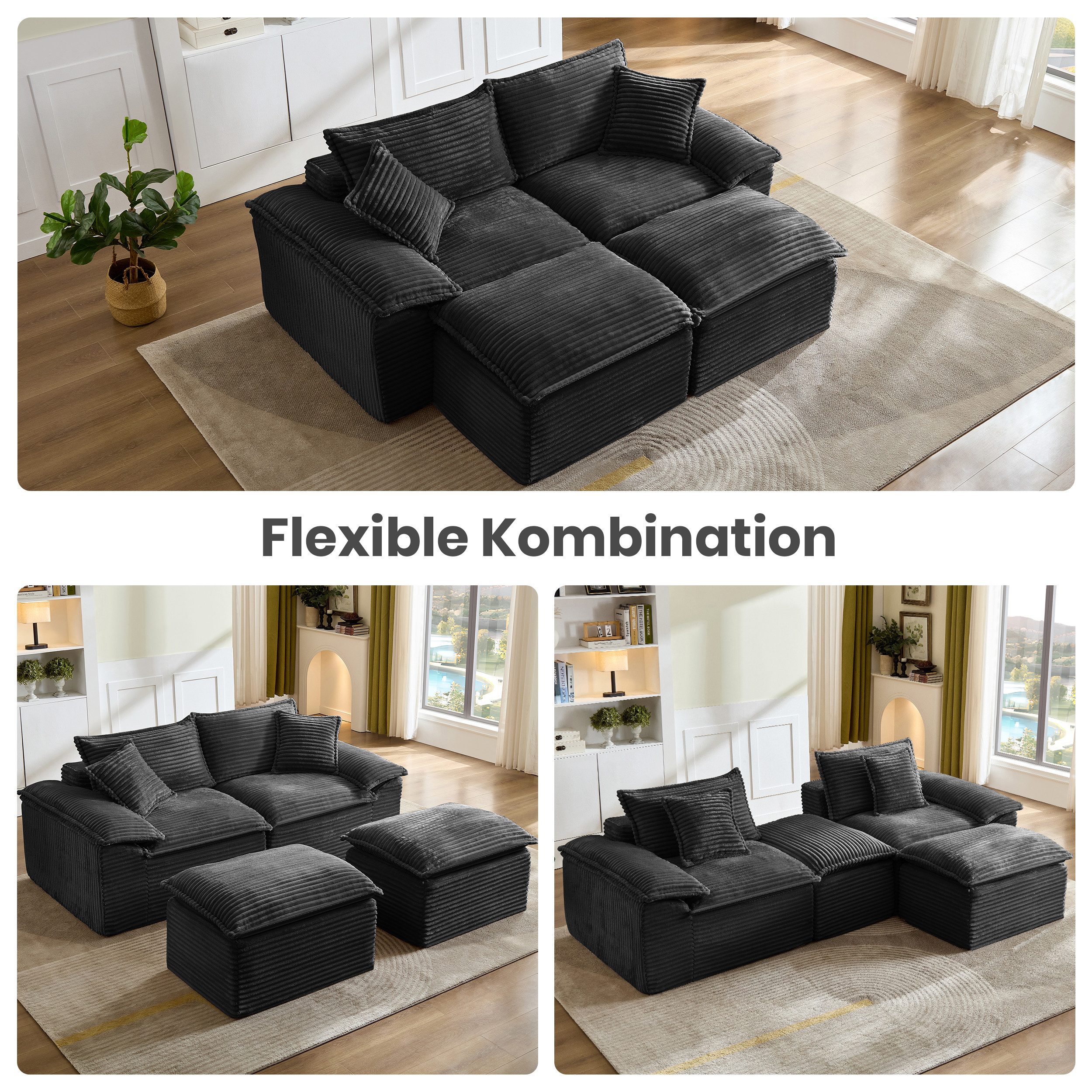Sinaopus Schlafsofa Sofas Wohnzimmer modulares 2-Sitzer Schlafsofa mit Hocker Cord, Bodensofa mit Memory-Schaum, Kissen & flexibler Modularfunktion