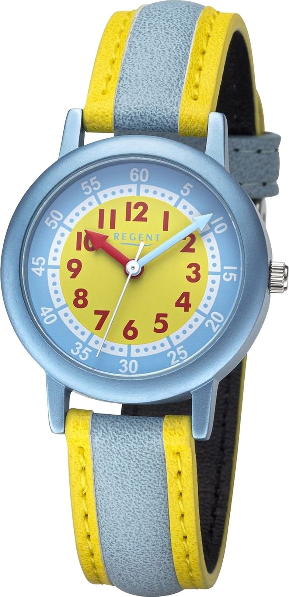 Regent Quarzuhr Regent Kinderuhr Armbanduhr Analog, Kinderuhruhr PURarmband gelb, hellblau, rundes Gehäuse, groß (29,5mm)
