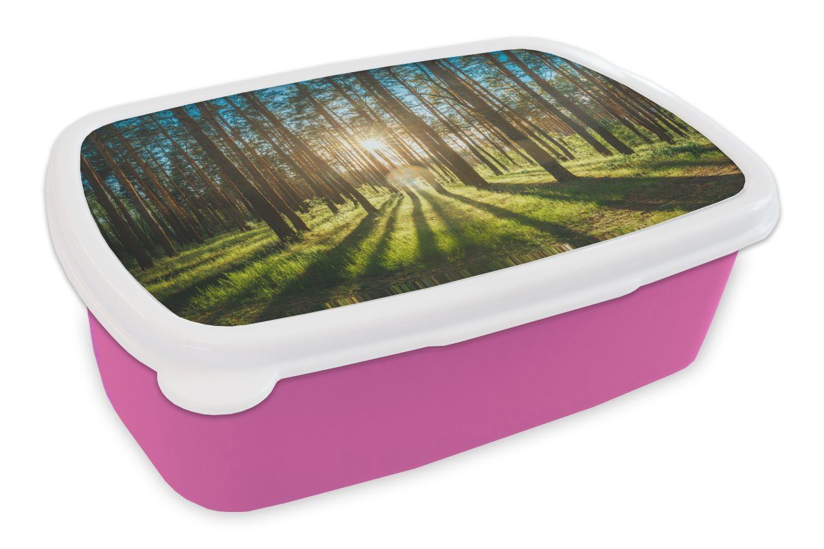 MuchoWow Lunchbox Sonne - Bäume - Landschaft - Gras, Kunststoff, (2-tlg), Brotbox für Erwachsene, Brotdose Kinder, Snackbox, Mädchen, Kunststoff rosa