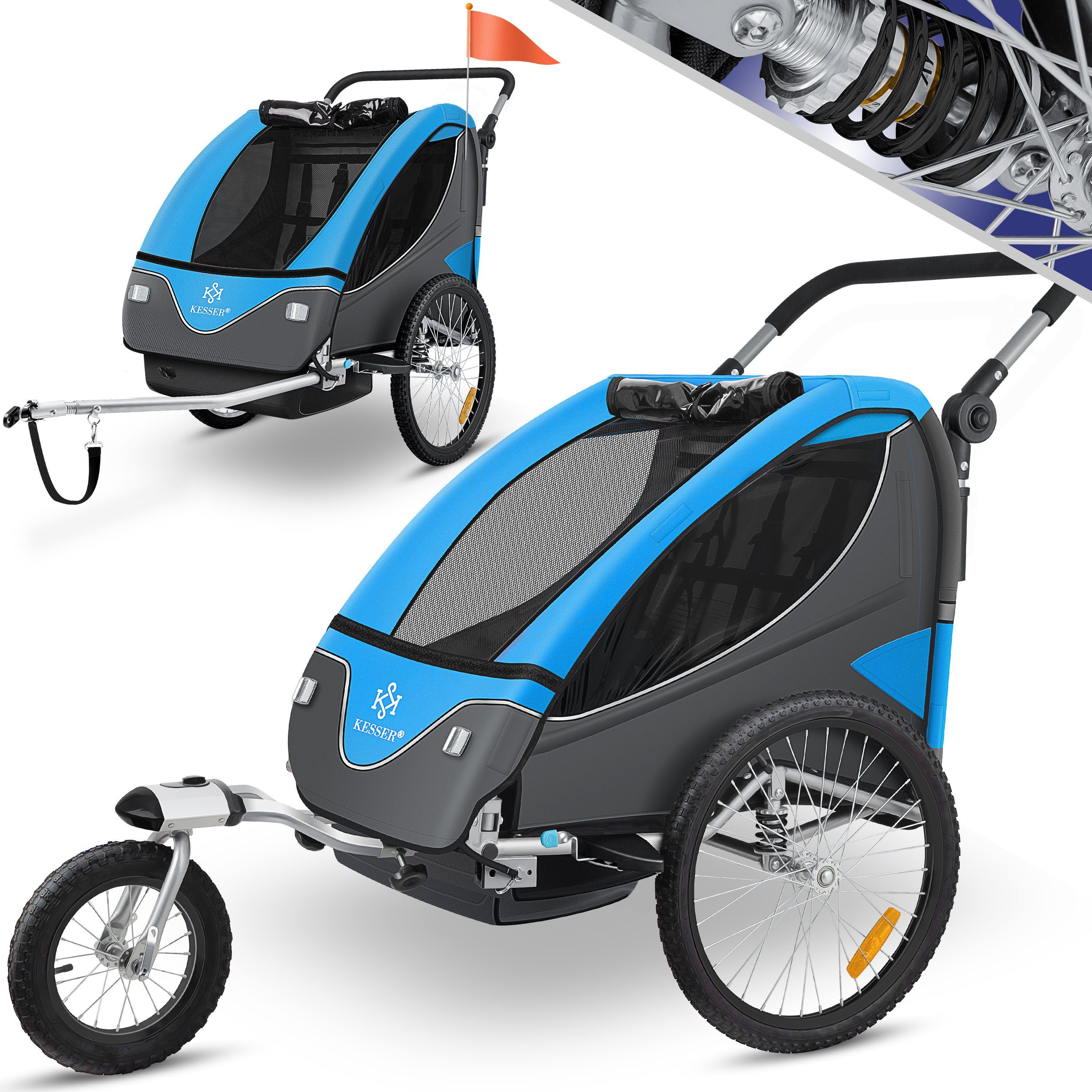 KESSER Fahrradkinderanhänger für 1 bis 2 Kinder, 2-in-1 mit Joggerfunktion, gefedert, mit 5-Punkt-Gurt, bis 40 kg