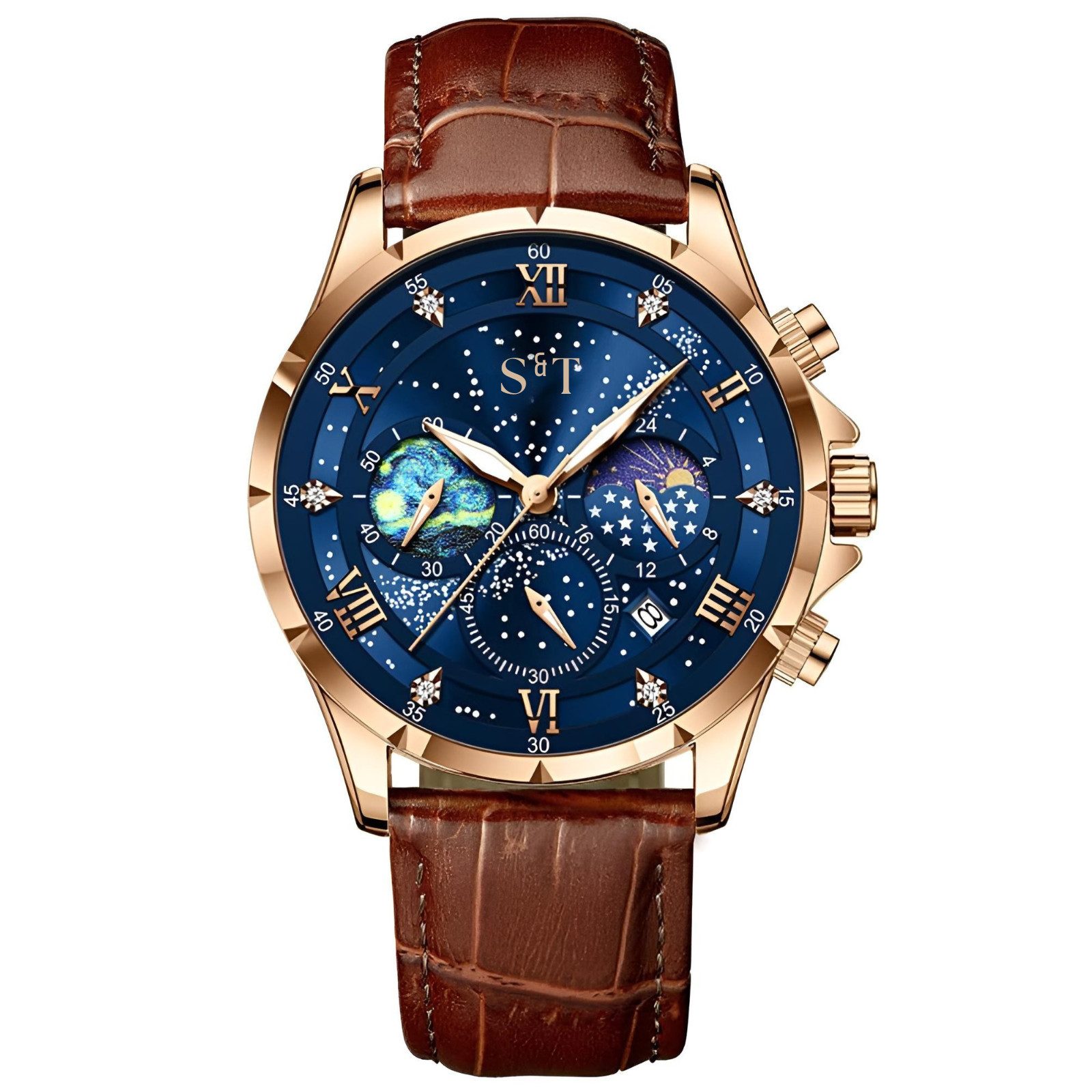 S&T Design Quarzuhr Herrenuhr Leder Braun Chronograph Armbanduhr Lederarmband Mansa Lux, (Anzug Hochzeit Büro, inkl. Uhrenbox & Bedienungsanleitung QR), Herren Uhr Leder Braun Datum Wasserdicht