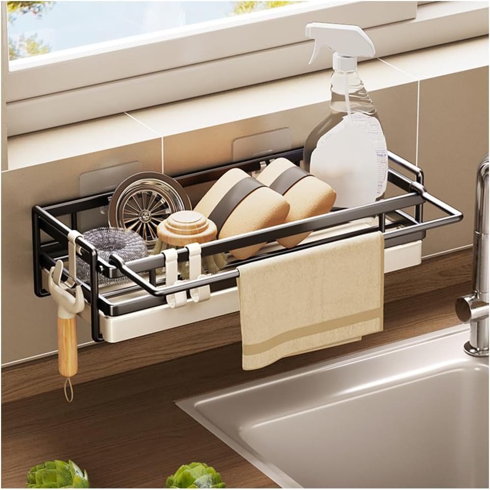 BlingBin Küchenorganizer-Set Hängend Spülbecken Organizer, Schwammhalter mit Spültuchhalter, (1er Set, 1-tlg., Größe: 25,7*9,5*7 cm/10,11*3,74*2,75 Zoll), Spüle Organizer mit Abflusspfanne für Abwasch, Spülmittel, Ohne Bohren