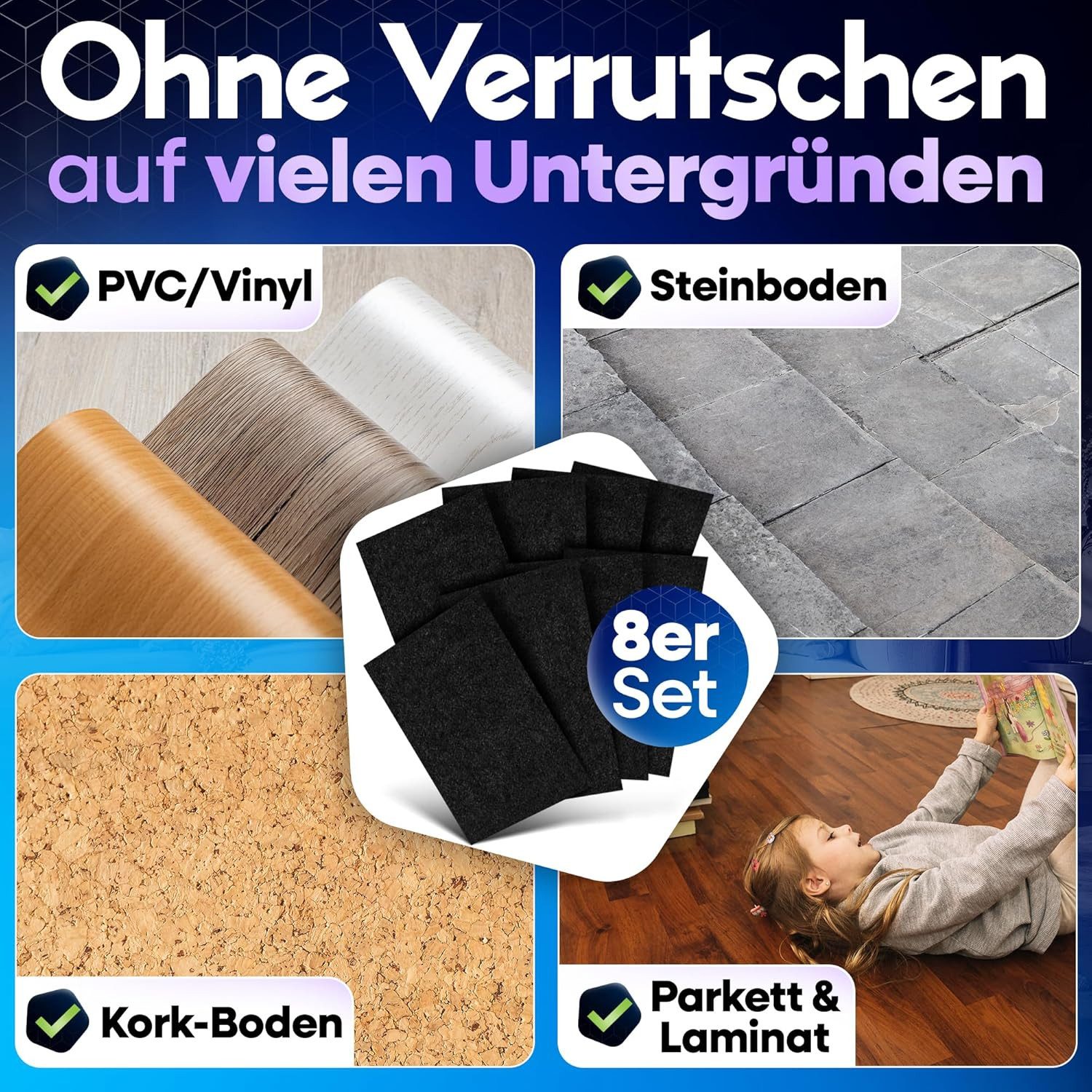 Loco Bird Filzgleiter Stühle Selbstklebend zum Zuschneiden - 8 Stück 16 x 20cm - 4mm schwarz, (Spar-Set, 8 St), Möbelgleiter, Parkettschoner für Stuhlbeine, Filzplatten, Bodenschoner