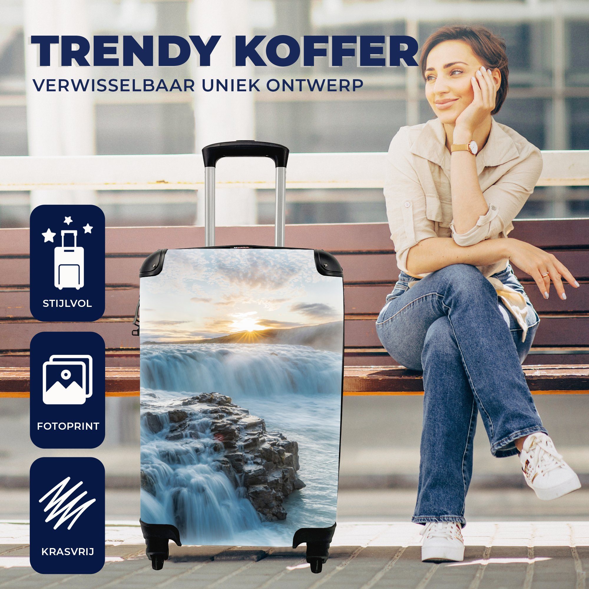 Steine - Natur, Reisekoffer - Handgepäckkoffer Trolley, rollen, - Handgepäck MuchoWow Wasserfall für Rollen, Sonne - Ferien, Reisetasche Wasser 4 mit