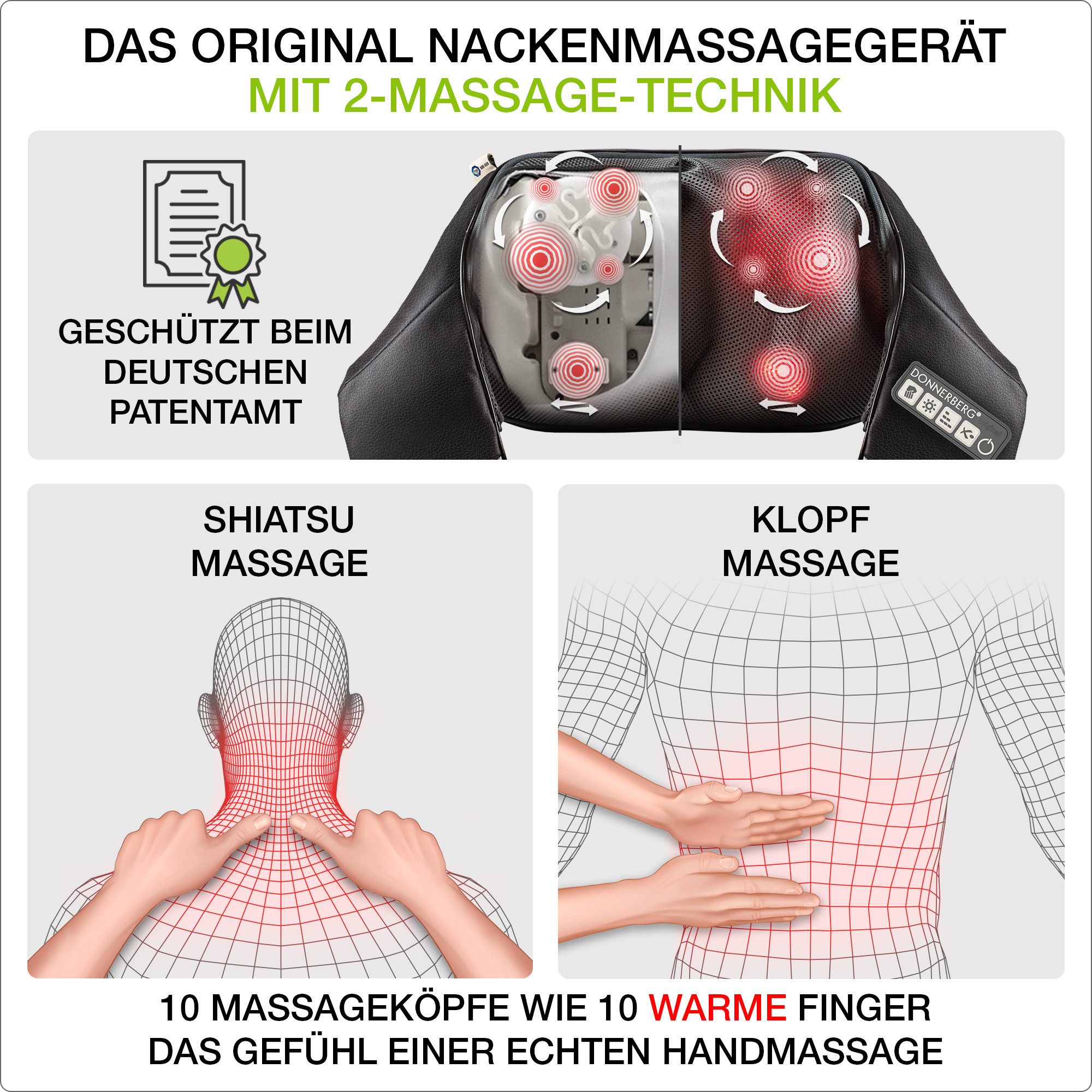 Donnerberg Nacken-Massagegerät Klopfy NM-088, Shiatsu und Klopfmassagefunktion, 10 Massageköpfe, 7 Jahre Garantie