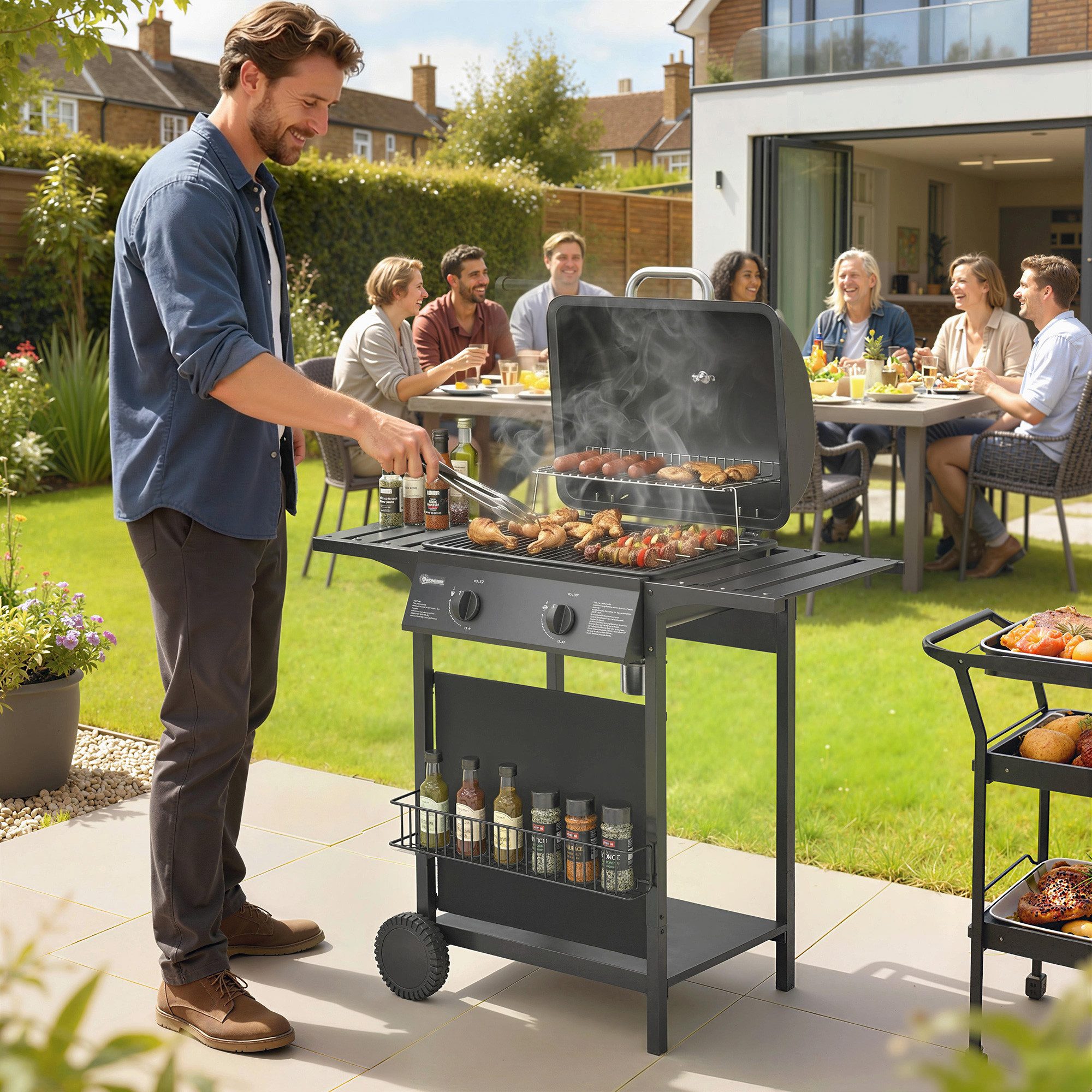 Outsunny Gasgrill mit 2 Brenner BBQ Edelstahl Seitentisch Emaille-Grillrost Rolle, Gas-Grill, Grillwagen, für Balkon Party