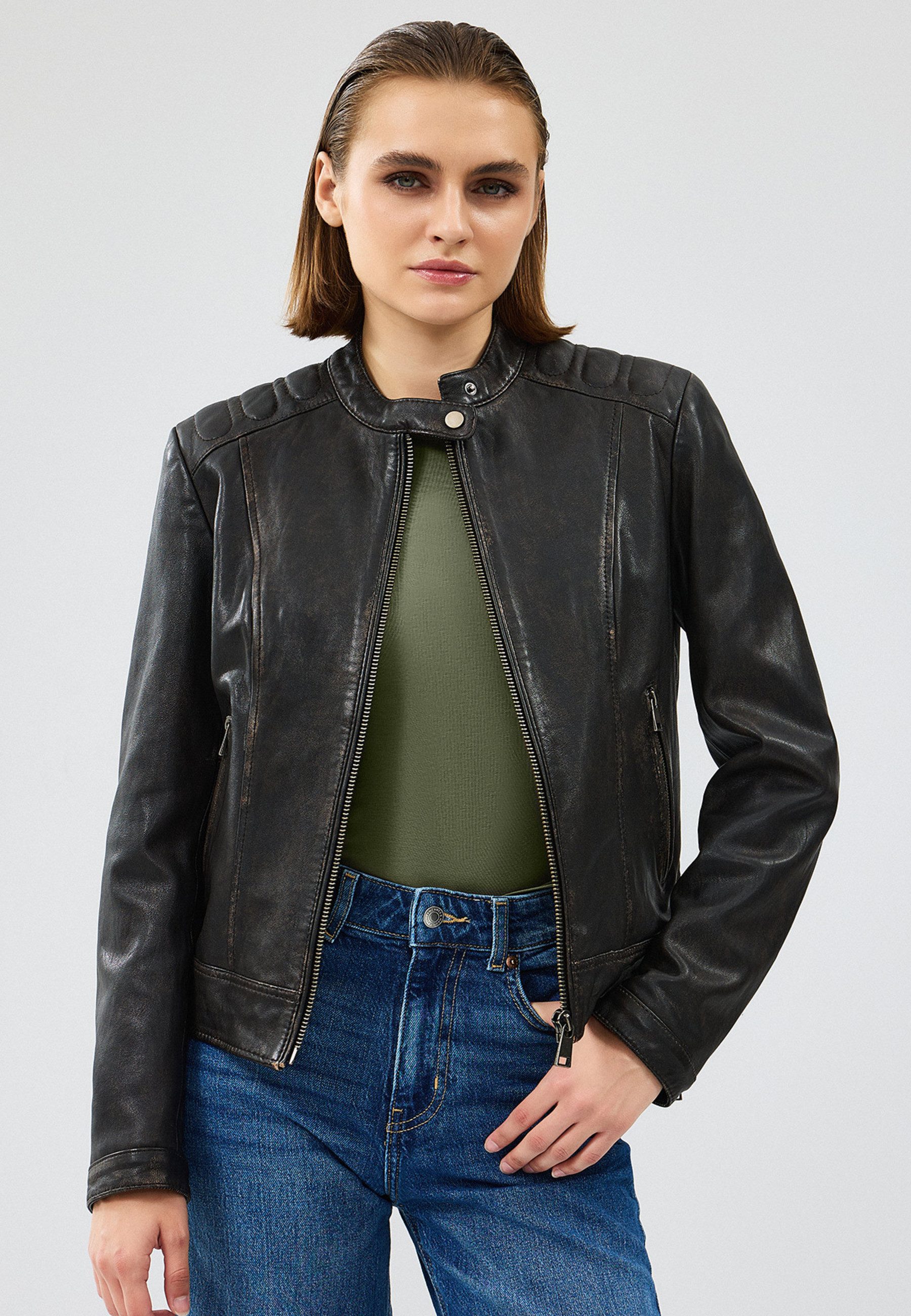 Derimod Lederjacke Weekend Vintage Lederjacke Regular Fit, Reißverschluss, Stehkragen, Kurz, Textilfutter