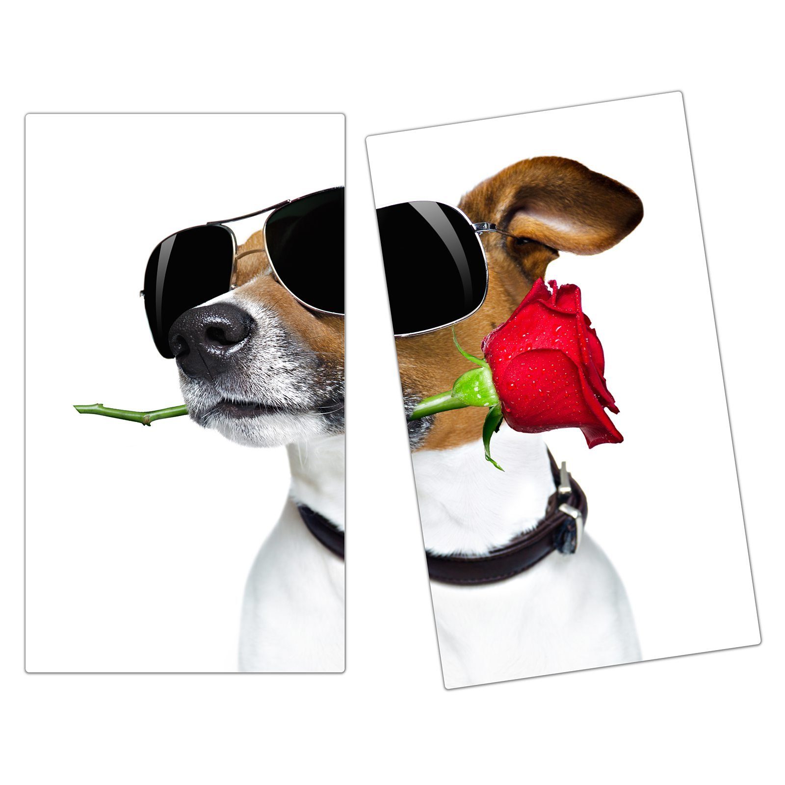 Primedeco Herd-Abdeckplatte Herdabdeckplatte Spritzschutz aus Glas Hund mit Rose und Brille, Glas, (2 tlg)