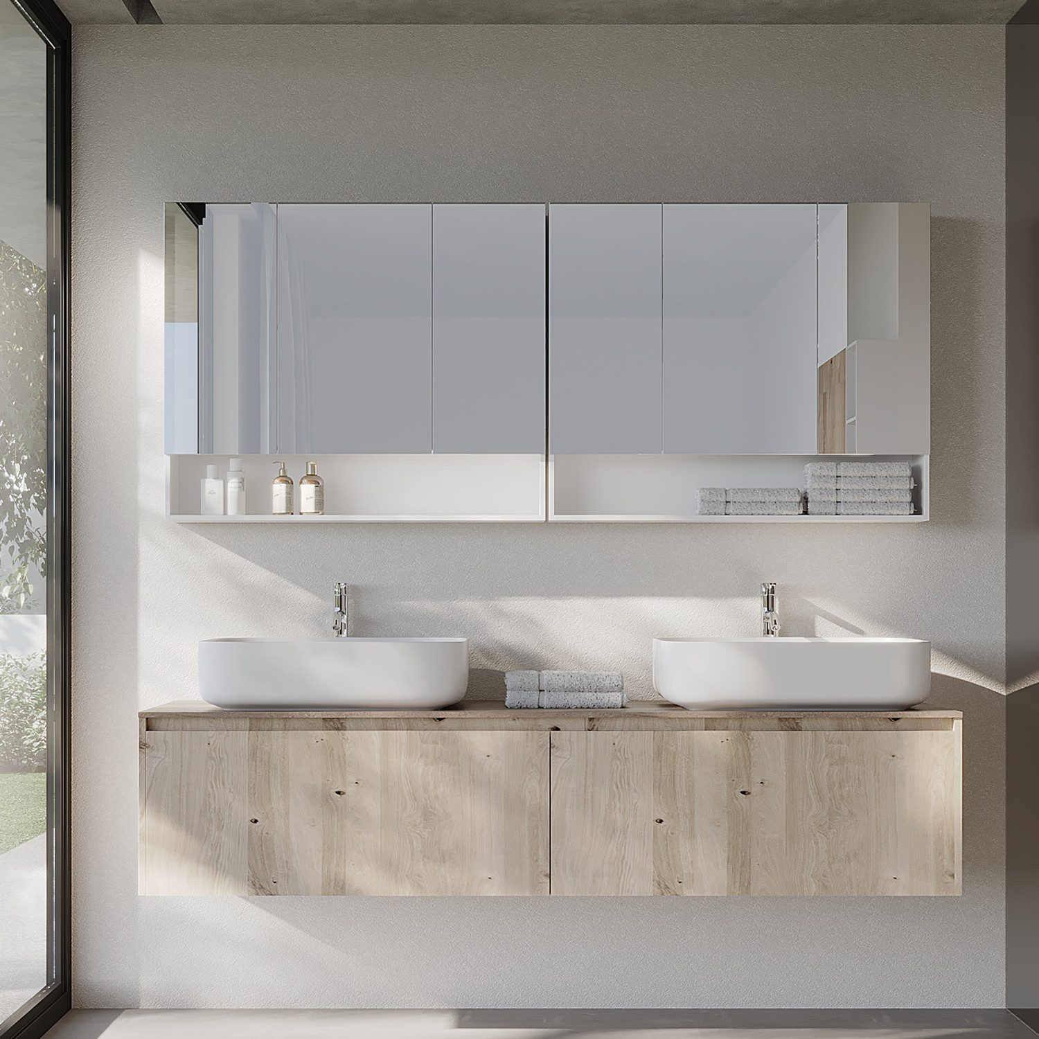 VASAGLE Spiegelschrank Badschrank Breite 70-90cm, mit 3 Türen, offenes Fach, verstellbare Ablagen
