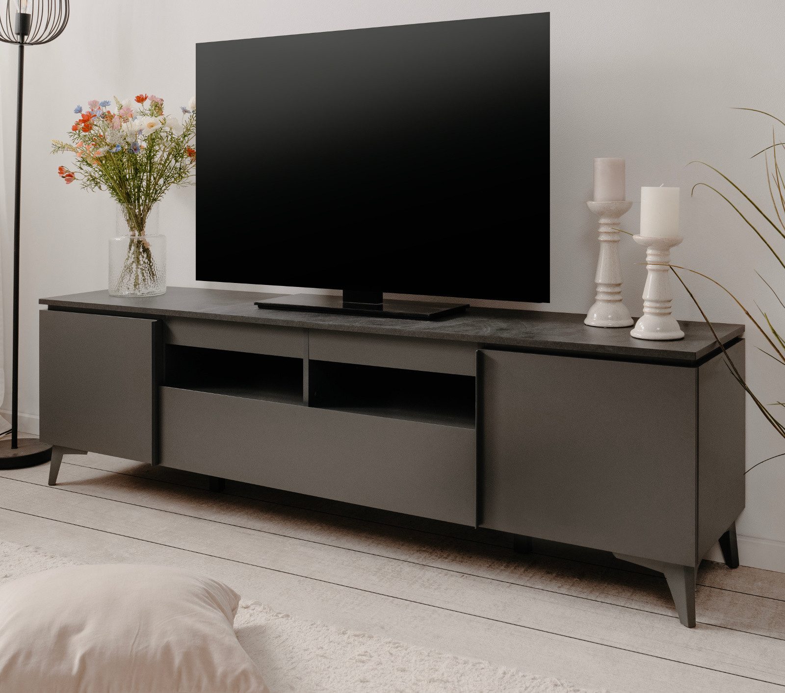 Furn.Design Lowboard Visby (Flat TV Unterschrank in grau, Breite 177 cm), mit Schiefer