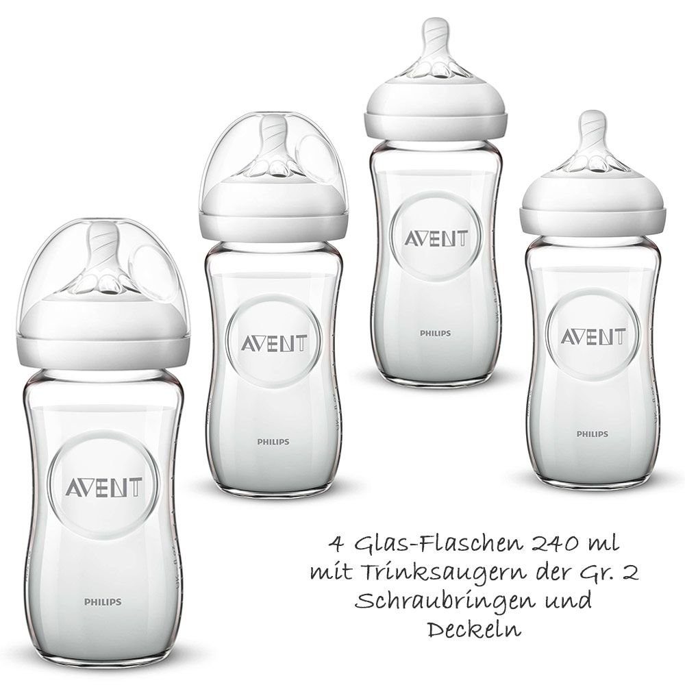 Philips AVENT Babyflasche Premium Glas-Flaschen-Set, 6x Babyflaschen +  Flaschenbürste + Milchpulverportionierer + 3x Spucktuch