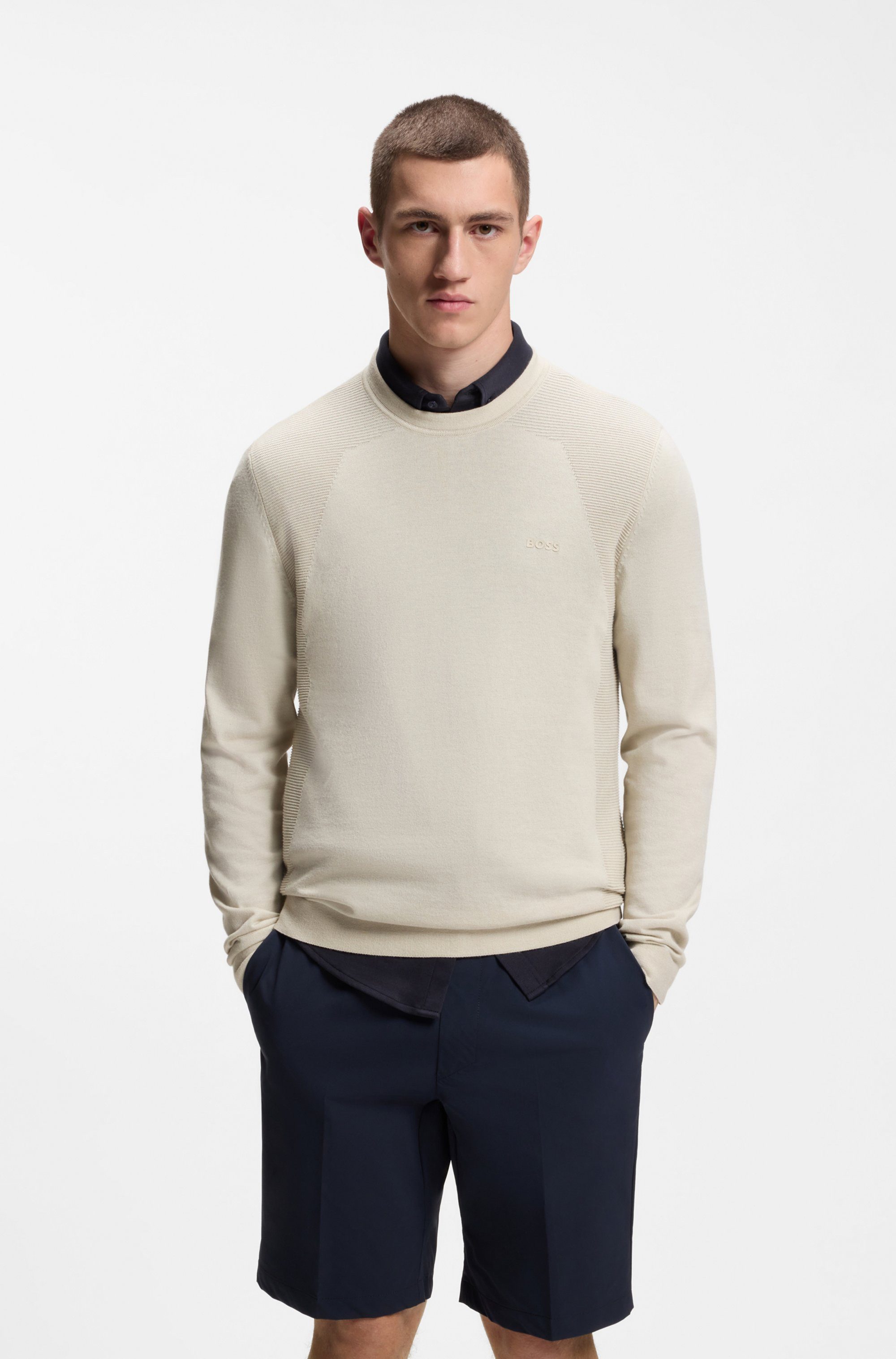 BOSS GREEN Strickpullover Rundhalsauswschnitt, Regular Fit, Struktur-Strick