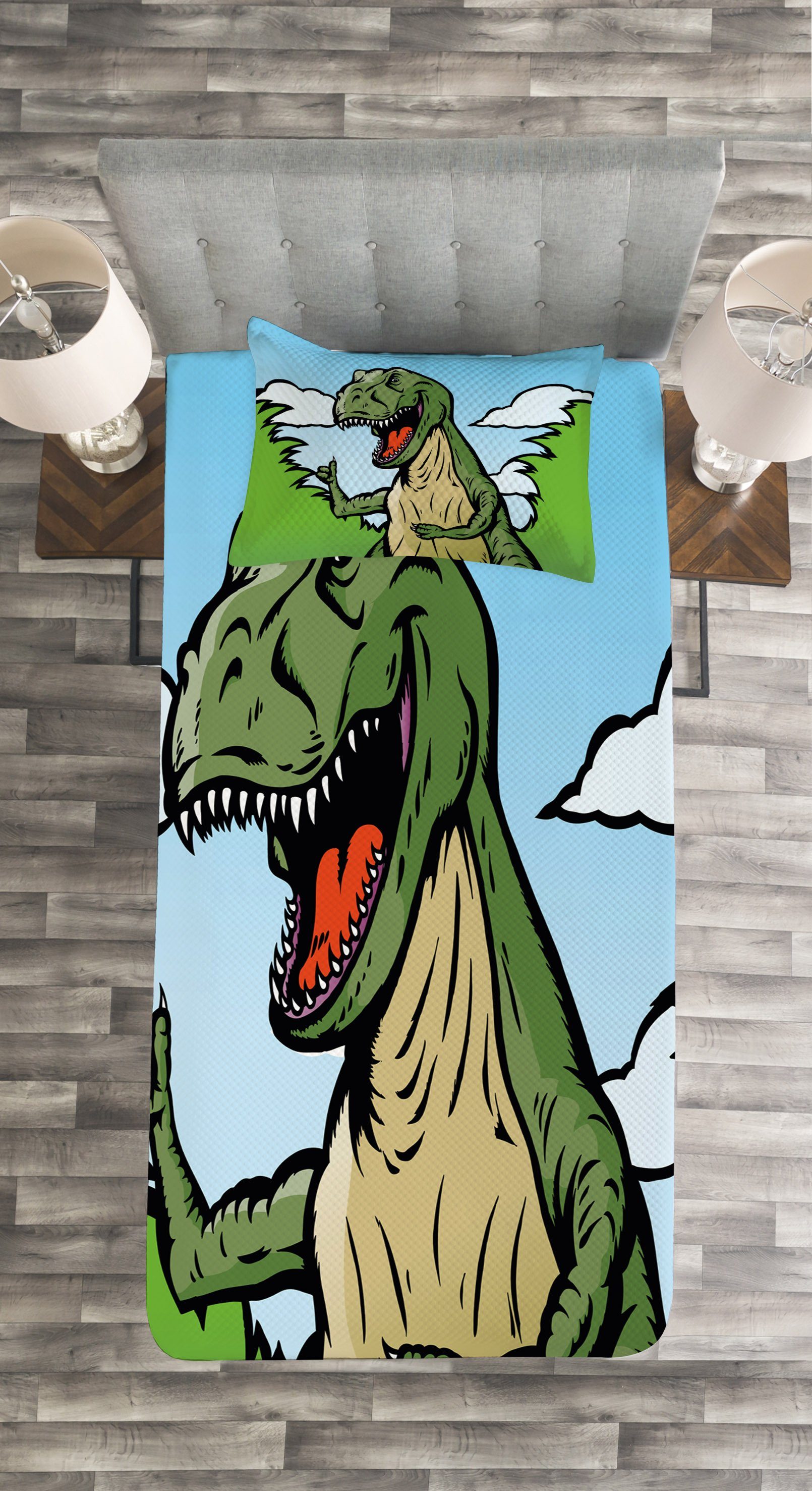 Waschbar, T-Rex Dinosaurier Tagesdecke Abakuhaus, Cartoon Lustige Set mit Kissenbezügen