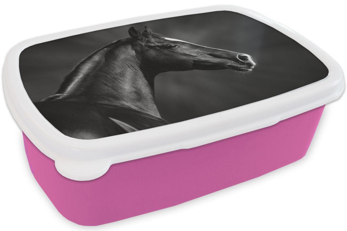 Snackbox, - - Pferd Porträt, (2-tlg), Erwachsene, Kinder, Kunststoff, Kunststoff - MuchoWow Weiß Schwarz für Brotbox Lunchbox Tiere Mädchen, Brotdose rosa -