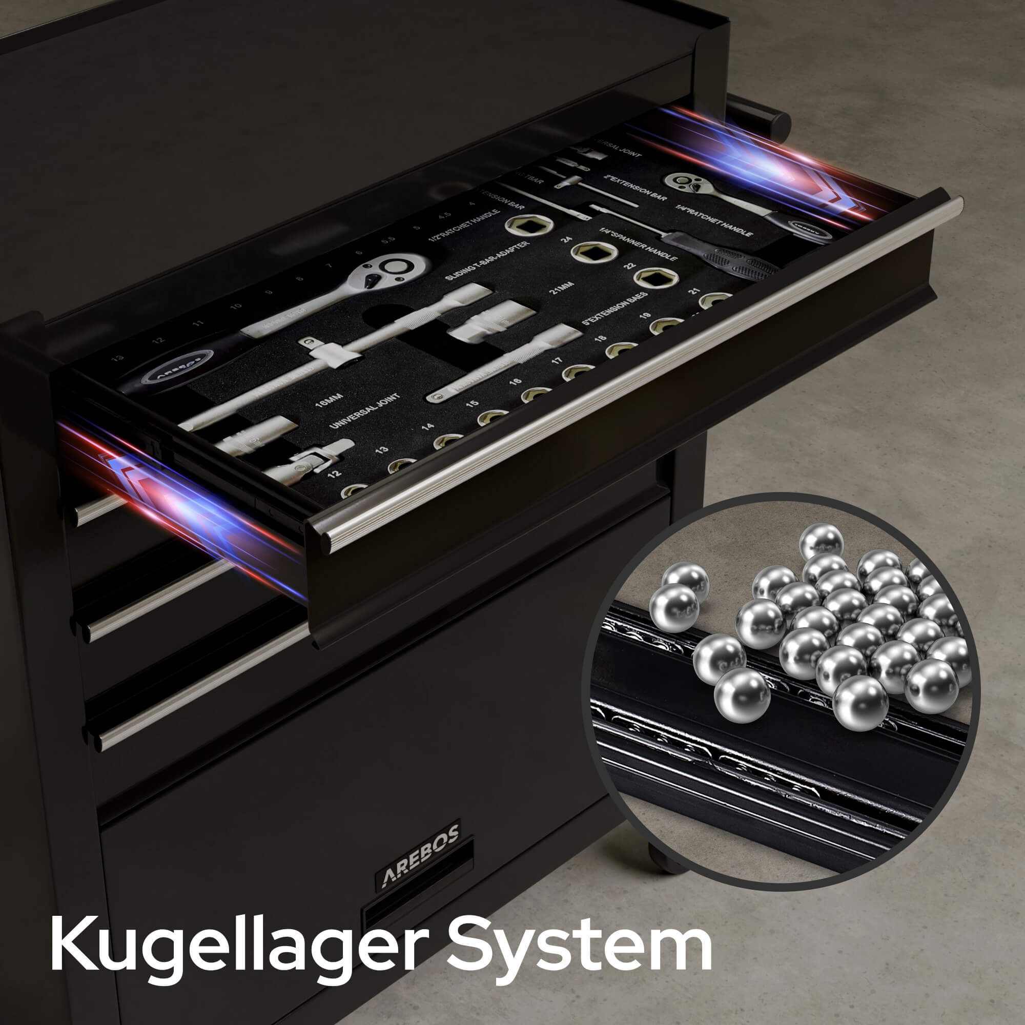 Arebos Werkstattwagen 5 Fächer, Werkzeugwagen, Rollwagen, 81 tlg., Aus massivem Stahl gefertigt, Robuste und kratzfeste Arbeitsplatte