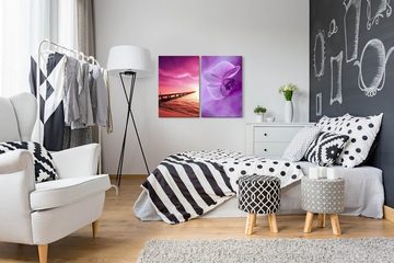 Sinus Art Leinwandbild 2 Bilder je 60x90cm Steg Strand Orchidee rosa Wolken Friedsam Sonnenaufgang Beruhigend