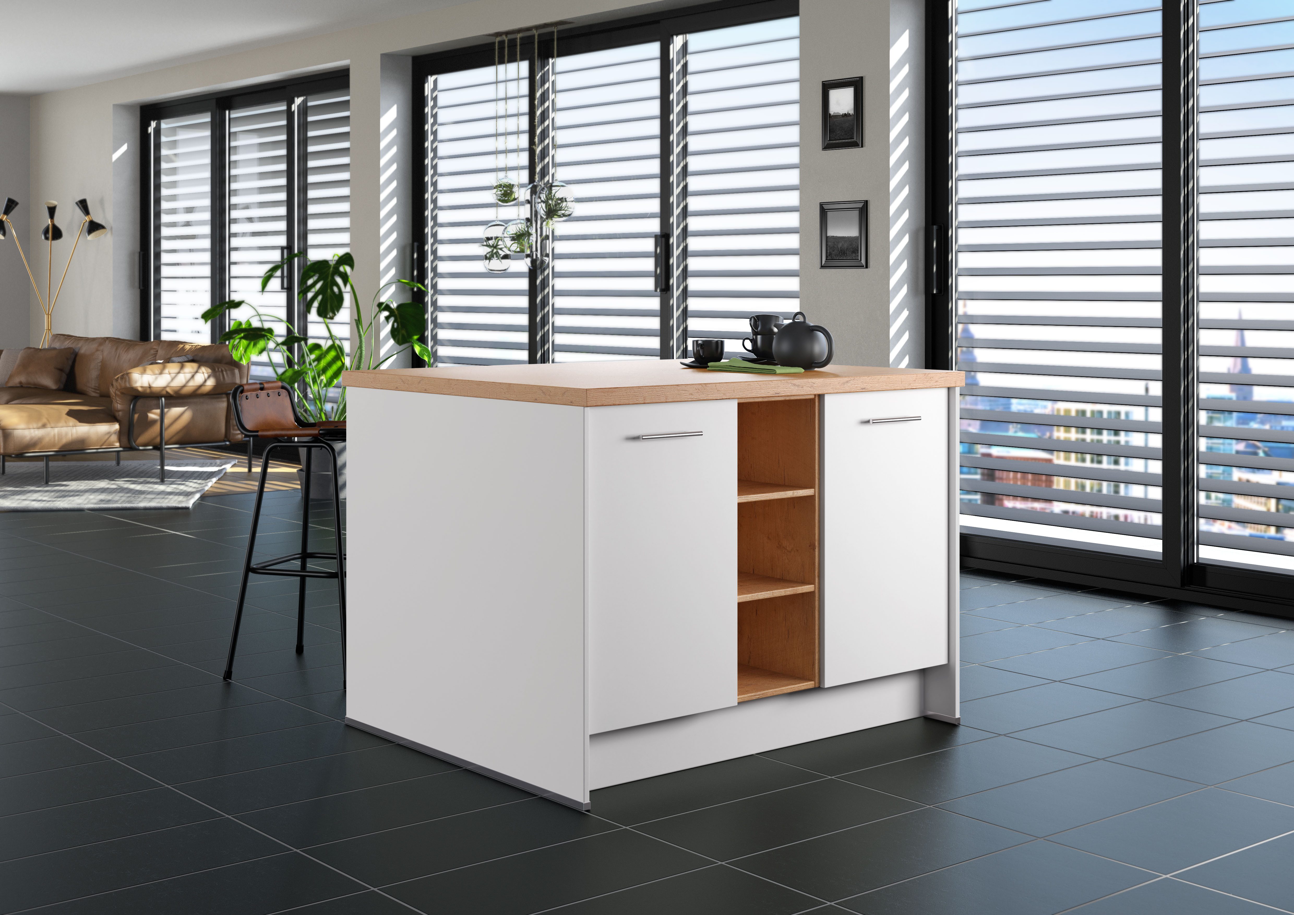 IMPULS KÜCHEN Kücheninsel Kopenhagen, flexibel stellbar, (Set), vormontiert, mit integriertem Sitzplatz auf einer Seite, Breite 123 cm