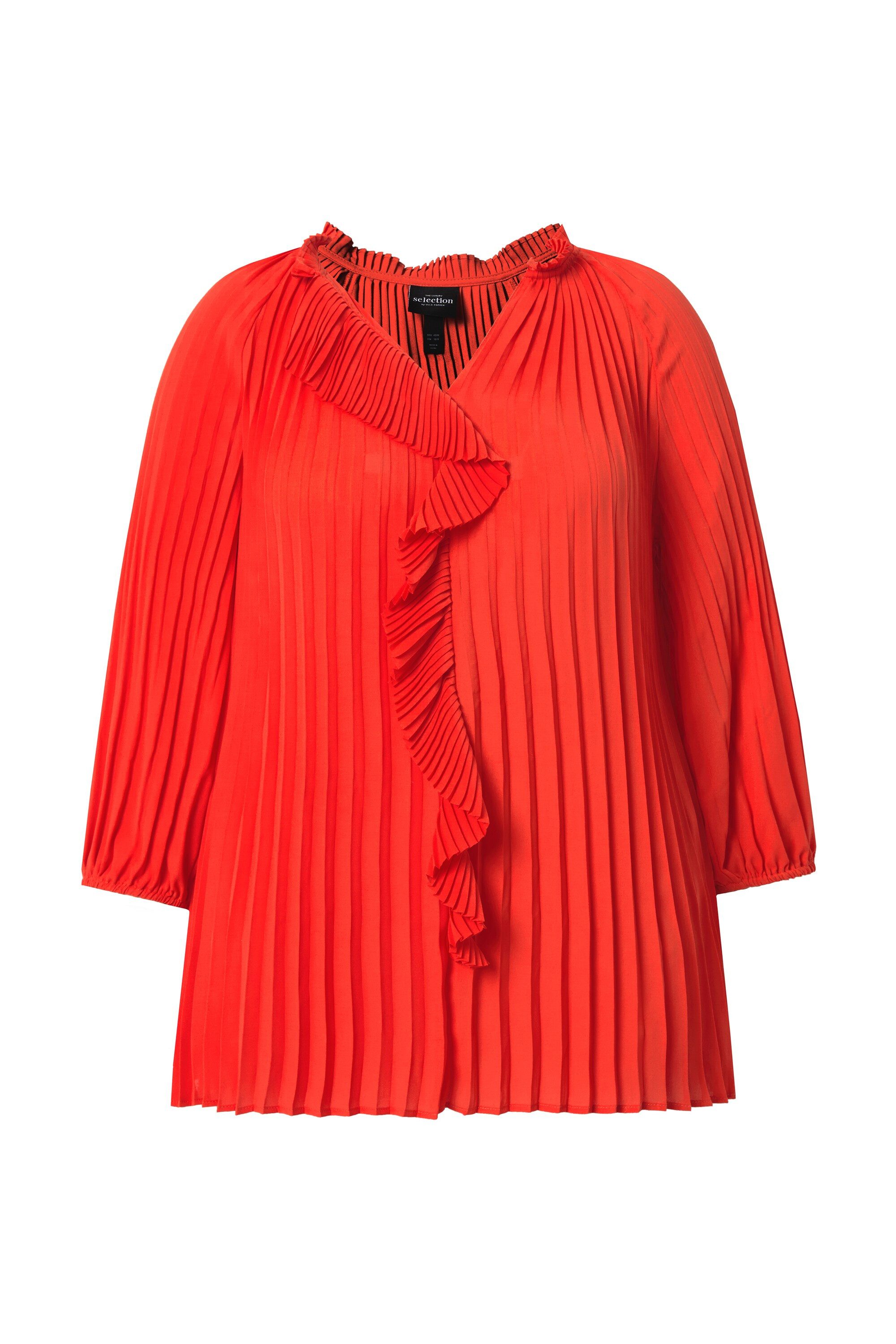 Ulla Popken Rüschenbluse Plissee-Bluse A-Linie Rüsche V-Ausschnitt 3/4-Arm
