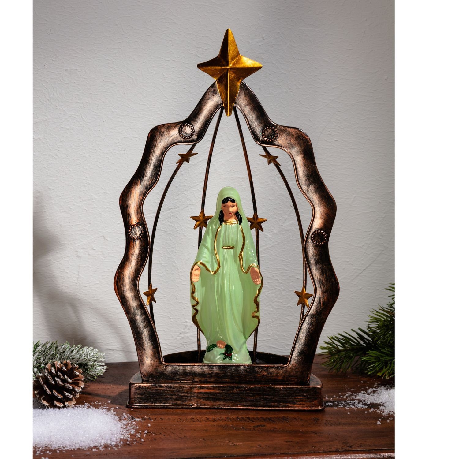 Rahmen Dekolicht Madonna 3PAGEN Metall Leuchtende Maria LED 30cm im Sc Weihnachtsdeko Figur