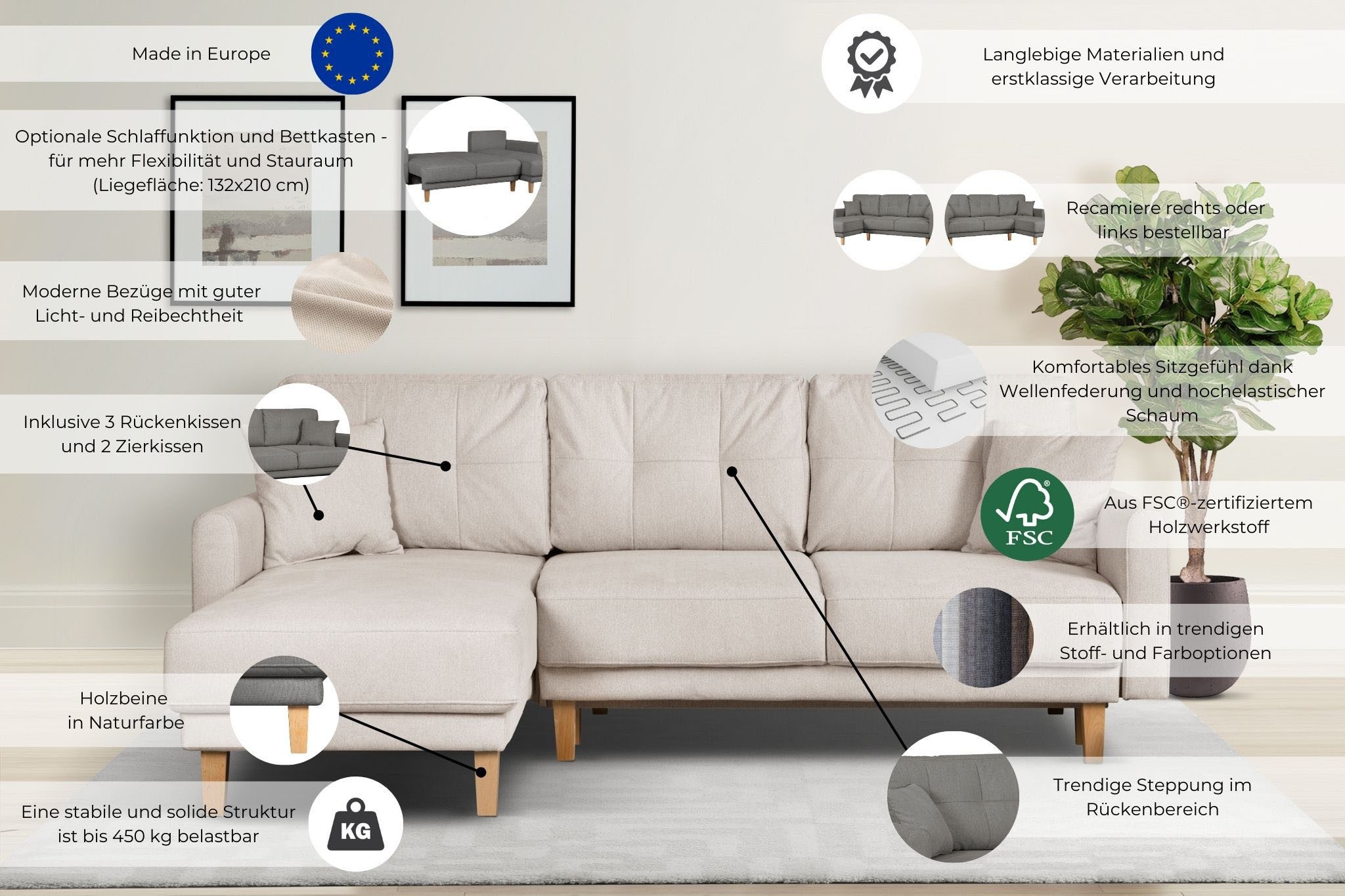 Home affaire Ecksofa TRIPLO optionale Schlafsofa mit Bettkasten, Maße B/T/H: 234/164/89 cm, L-Form wahlweise mit Bettfunktion - Liegefläche 132x210 cm