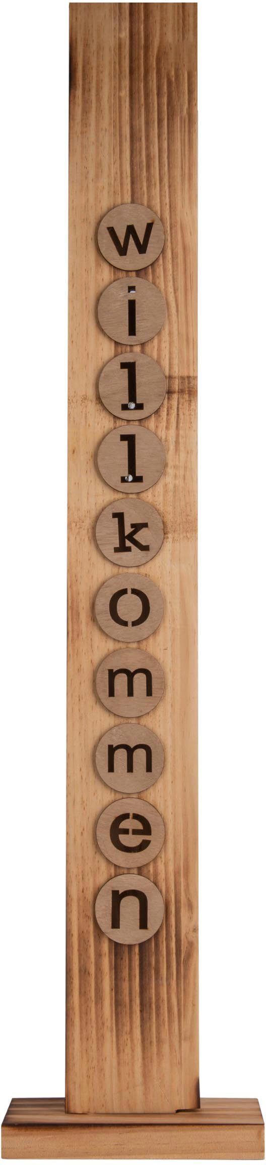 näve LED Dekoobjekt Willkommen, Timerfunktion, LED fest integriert, Warmweiß, Holz-Stehleuchte, Höhe ca. 82cm, Batteriebetrieben