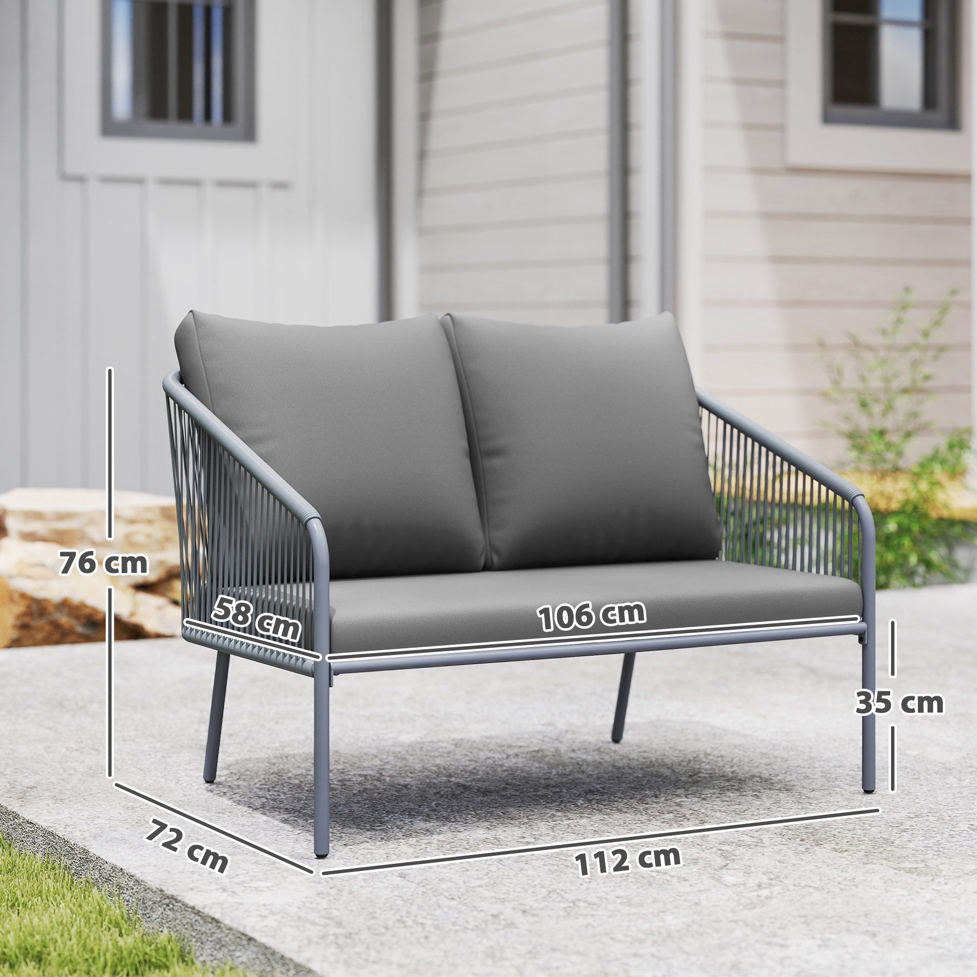 Outsunny Gartensofa mit Kissen, Gartensofa 1 Teile, Balkonmöbel 112 x 72 x 76 cm Grau